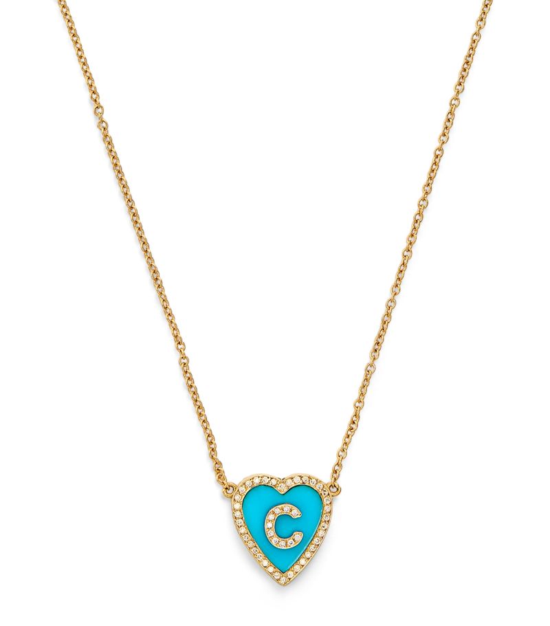 Jennifer Meyer Jennifer Meyer Yellow Gold, Diamond And Turquoise Mini Heart C Initial Necklace