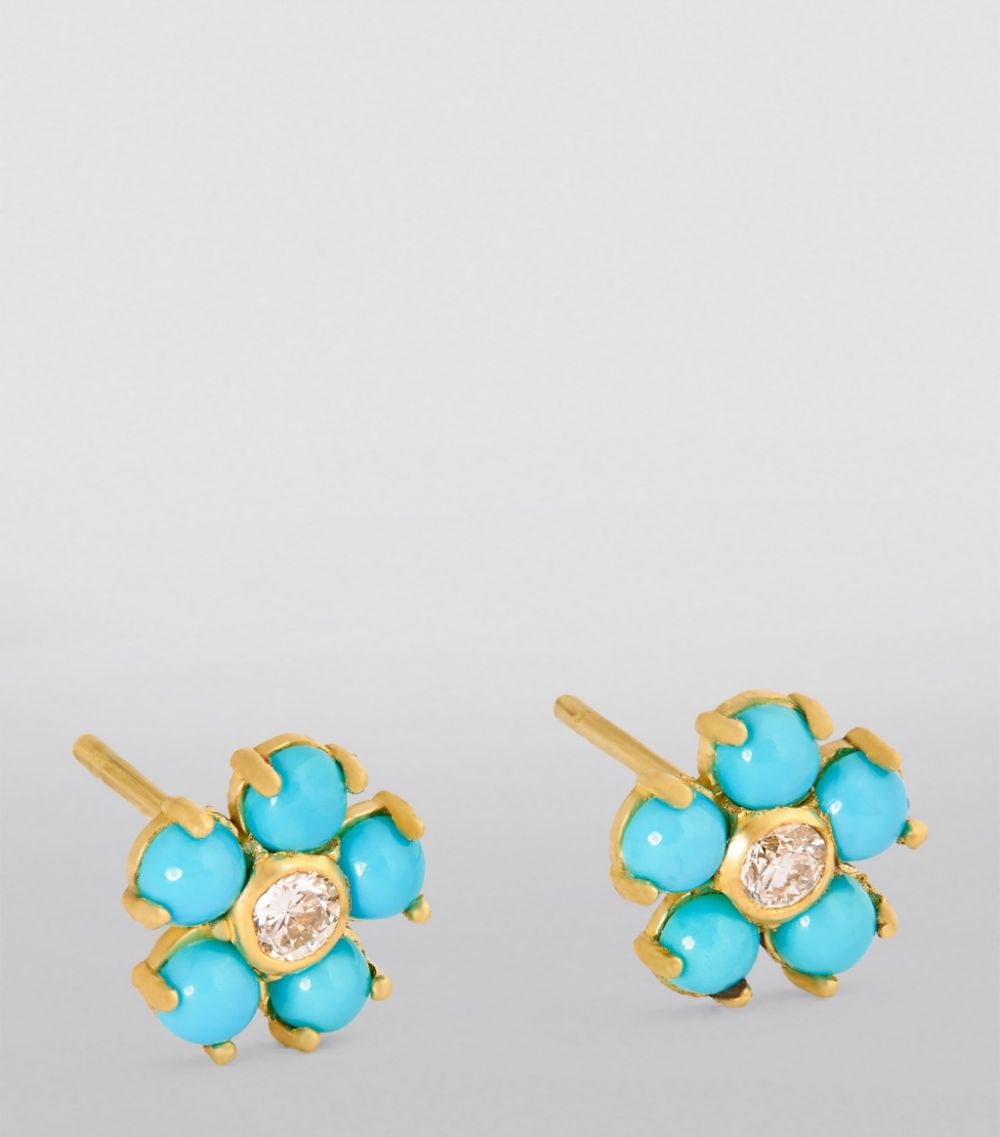 Jennifer Meyer Jennifer Meyer Yellow Gold, Diamond and Turquoise Flower Stud Earrings