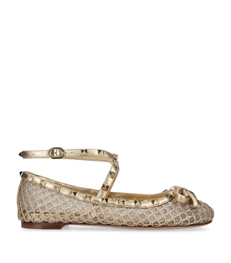 VALENTINO GARAVANI Valentino Garavani Mesh-Leather Rockstud Ballet Flats