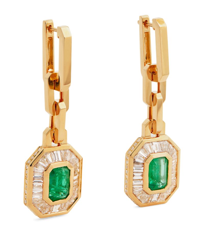 Shay Shay Mini Yellow Gold, Diamond And Emerald Halo Deco Earrings