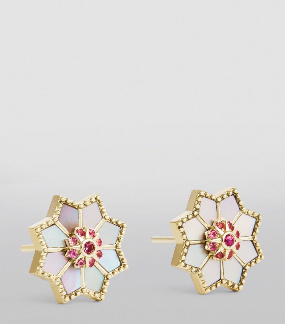 Orly Marcel Orly Marcel Yellow Gold, Pink Sapphire And Mother-Of-Pearl Fez Earrings
