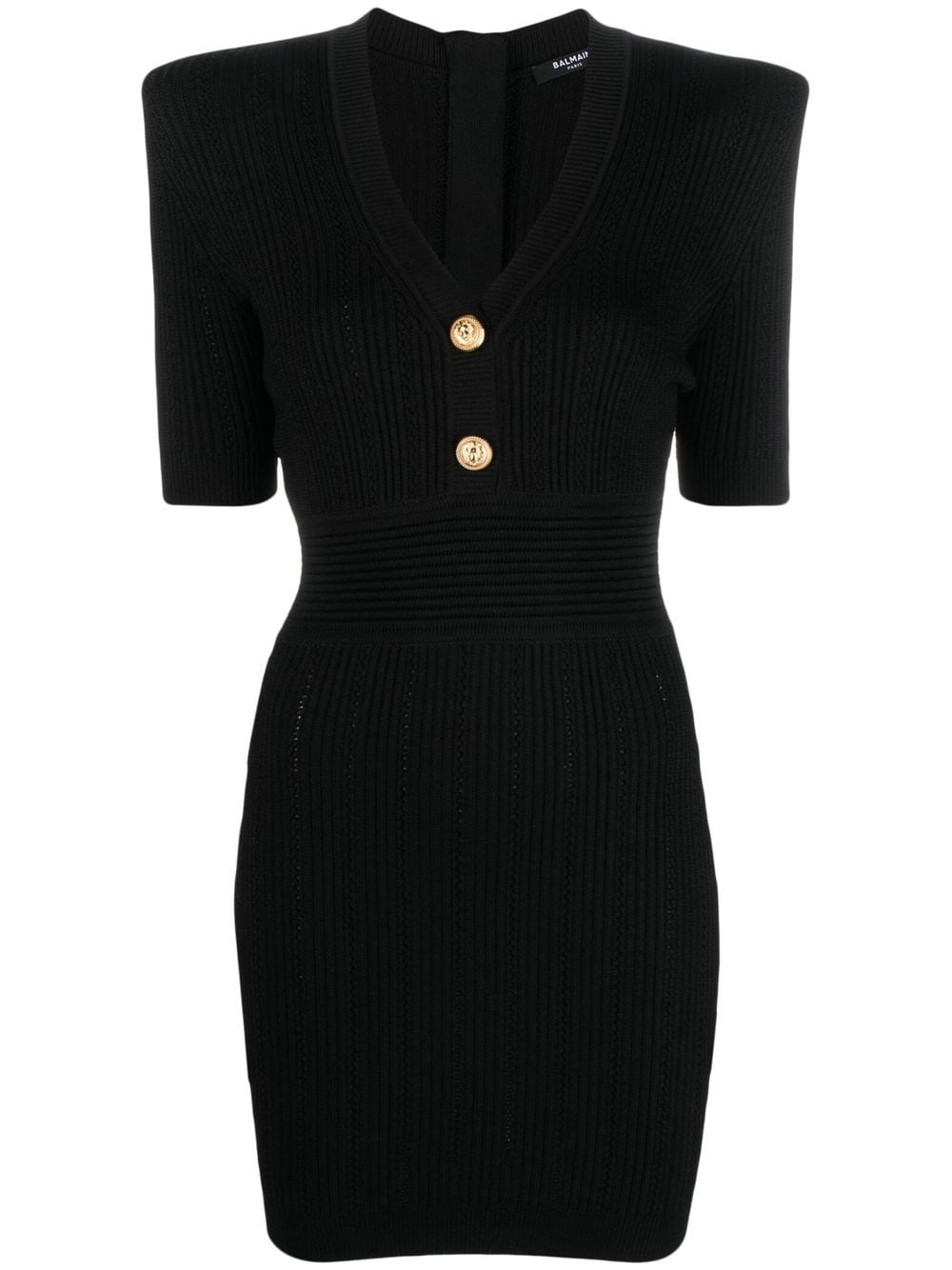 Balmain BALMAIN- V-neck Button-embossed Knit Short Dress