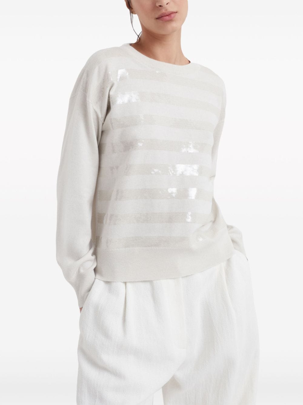 Brunello Cucinelli BRUNELLO CUCINELLI- Dazzling Striped Embroidered Cashmere Sweater