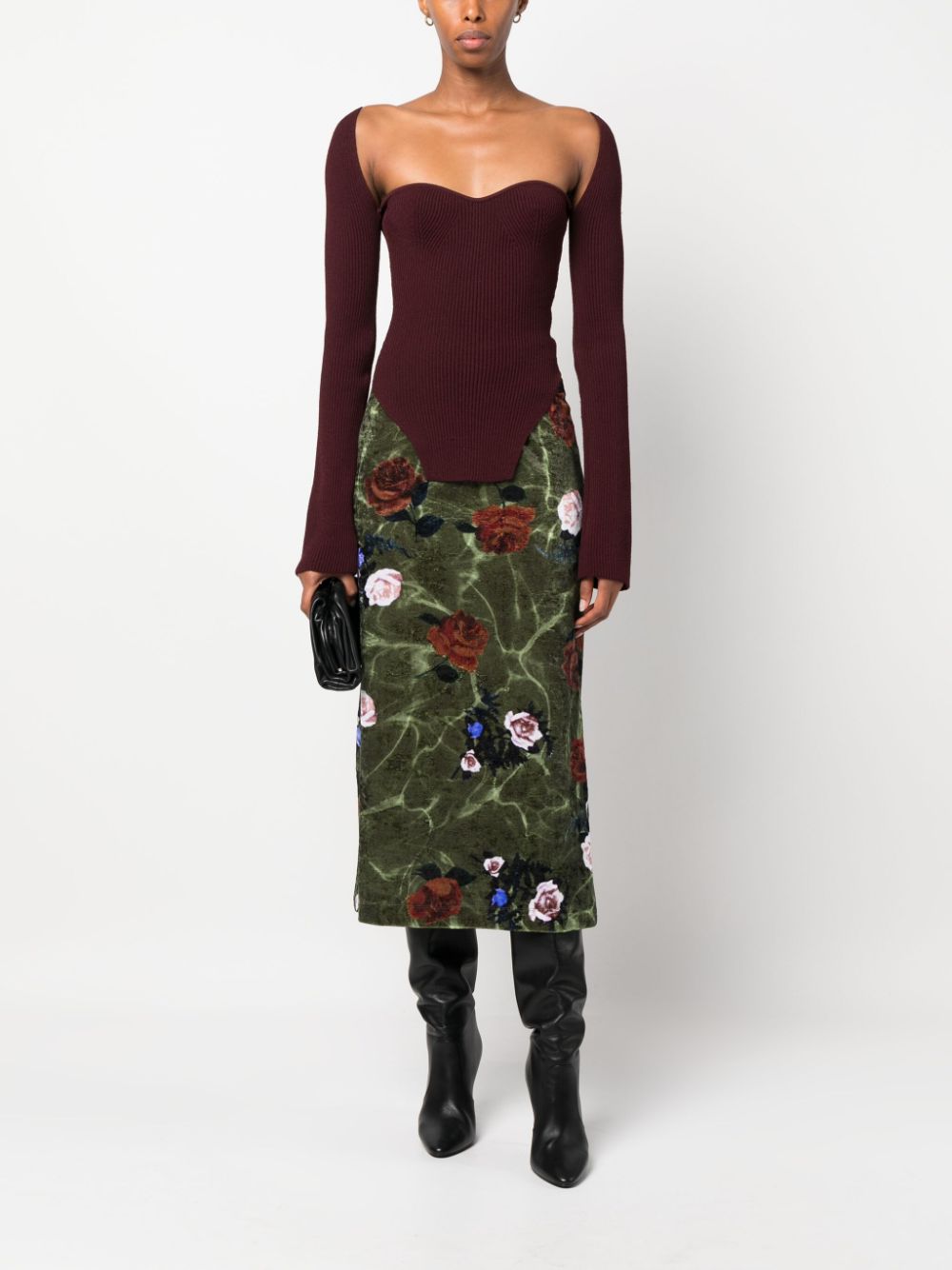 Dries Van Noten DRIES VAN NOTEN- Rose Print Velvet Long Skirt