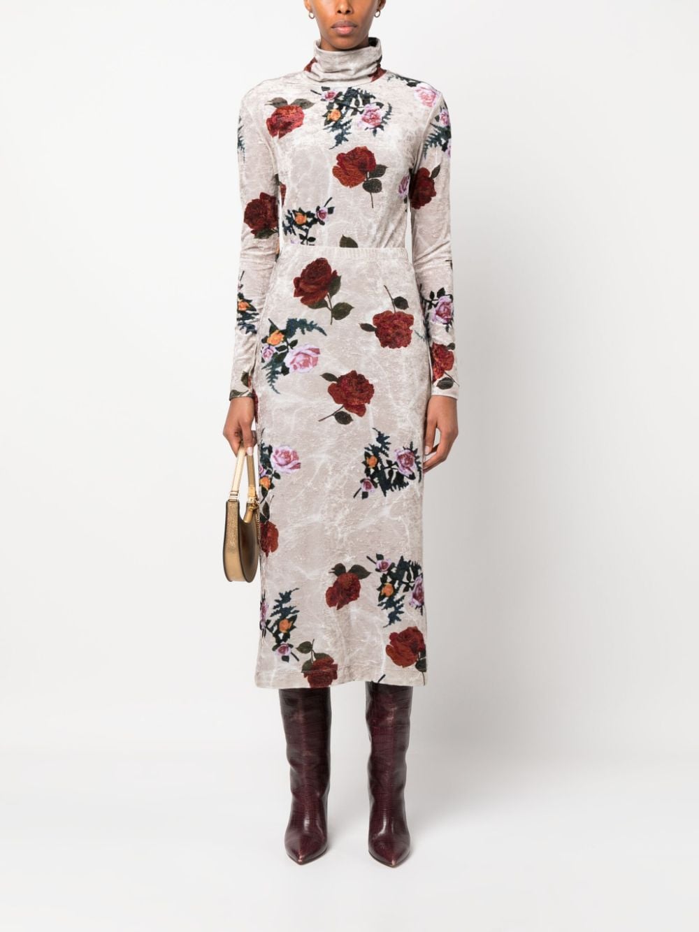 Dries Van Noten DRIES VAN NOTEN- Rose Print Velvet Long Skirt