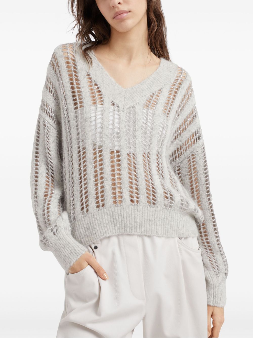 Brunello Cucinelli BRUNELLO CUCINELLI- Mohair Wool Dazzling Net V-neck Sweater