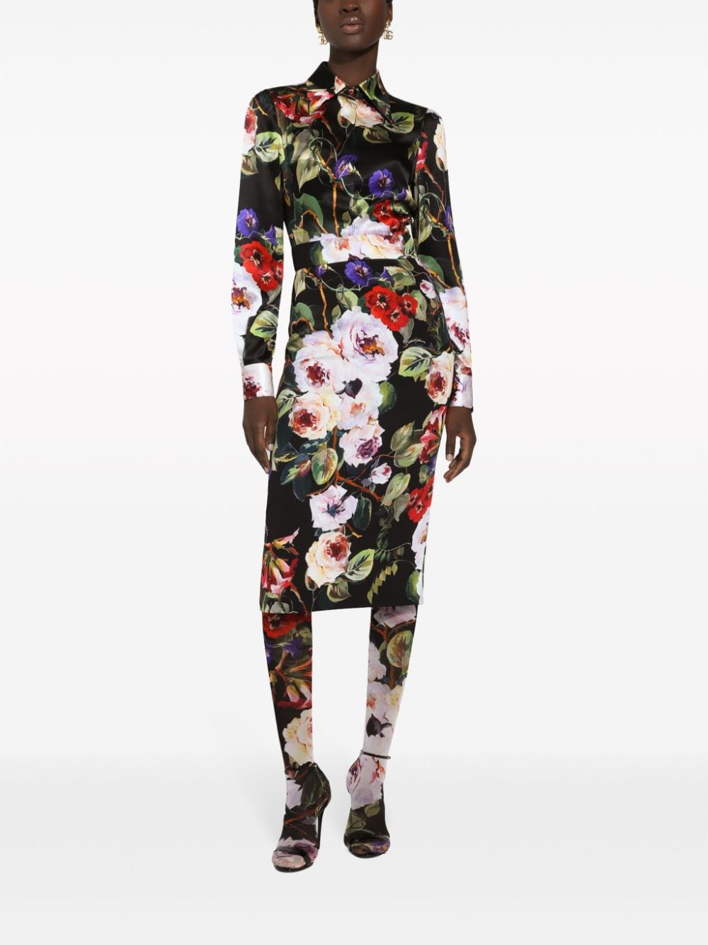 Dolce & Gabbana DOLCE & GABBANA- Flower Printed Silk Charmeuse Longuette Tubino Skirt