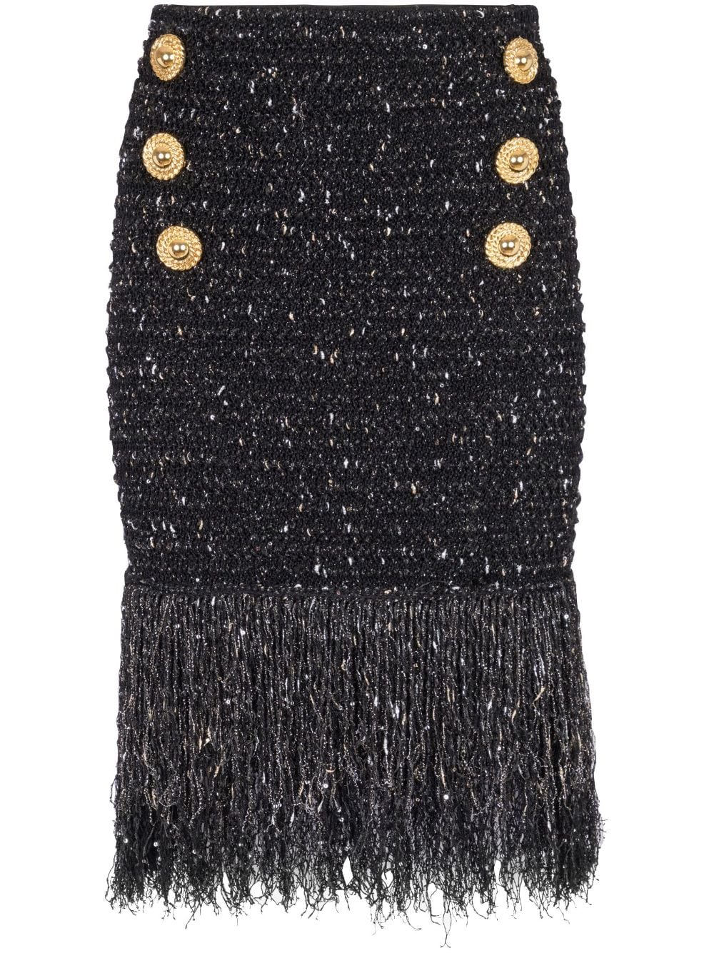 Balmain BALMAIN- Buttoned Fringed Tweed Short Skirt