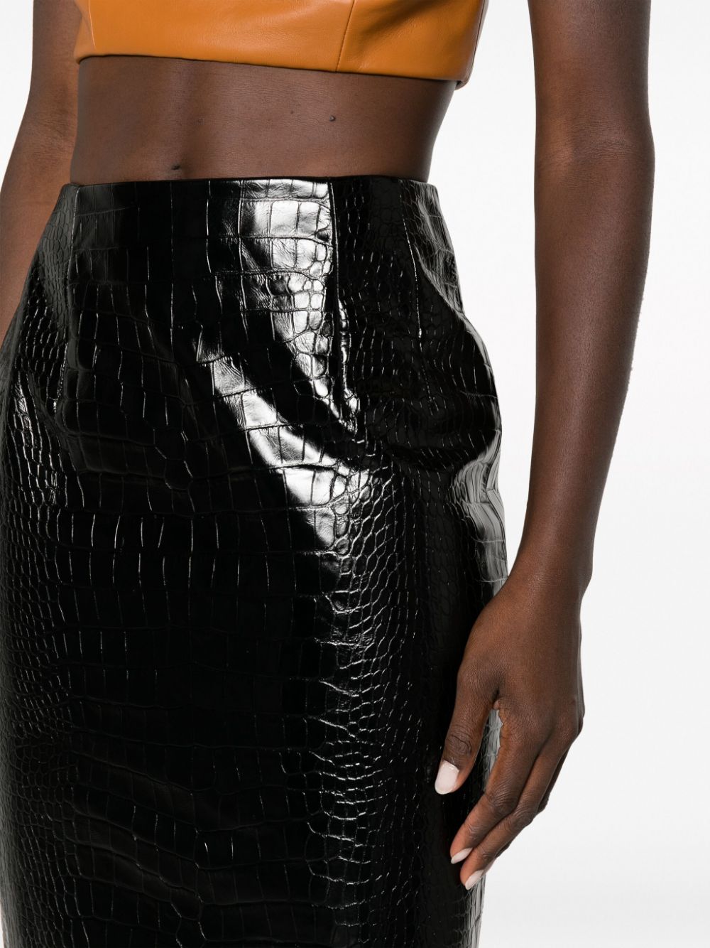 Versace VERSACE- Leather Crocodile Print Midi Pencil Skirt