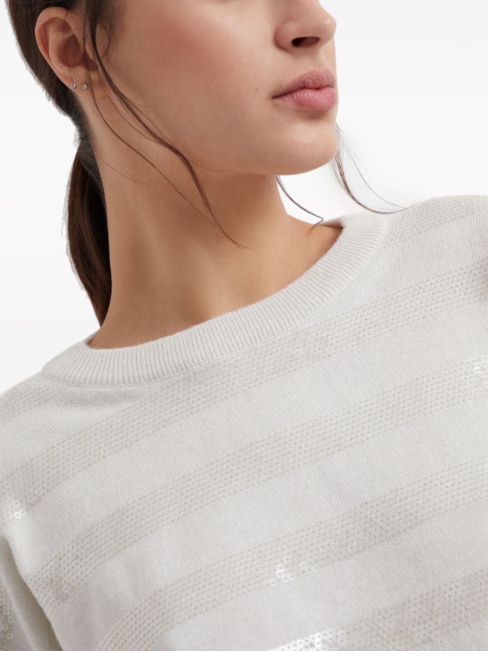 Brunello Cucinelli BRUNELLO CUCINELLI- Dazzling Striped Embroidered Cashmere Sweater