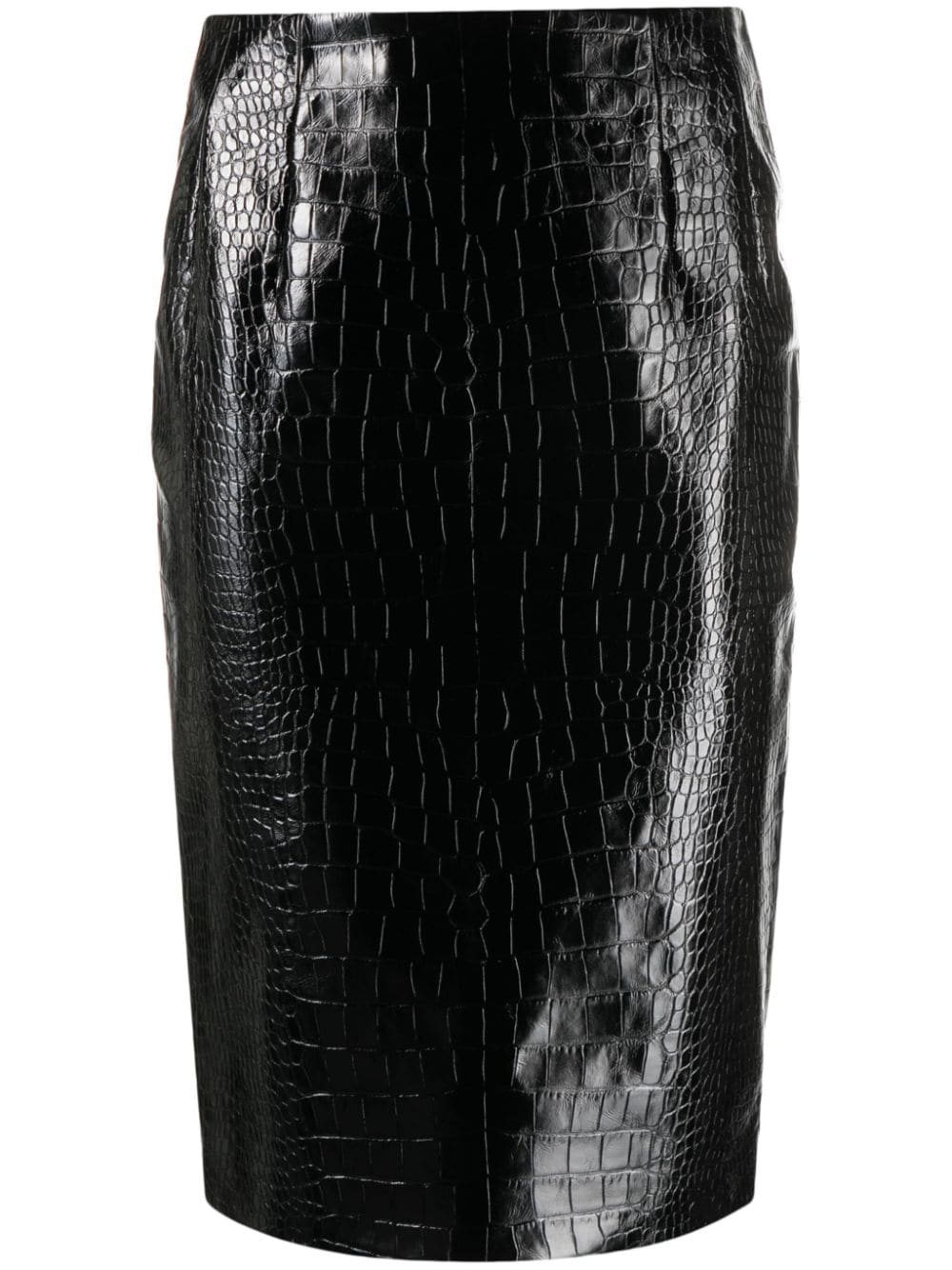 Versace VERSACE- Leather Crocodile Print Midi Pencil Skirt