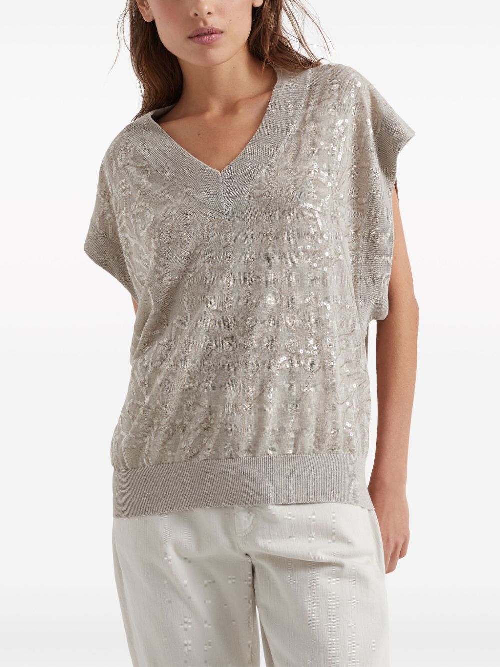 Brunello Cucinelli BRUNELLO CUCINELLI- Embroidered Linen Sleeveless Sweater