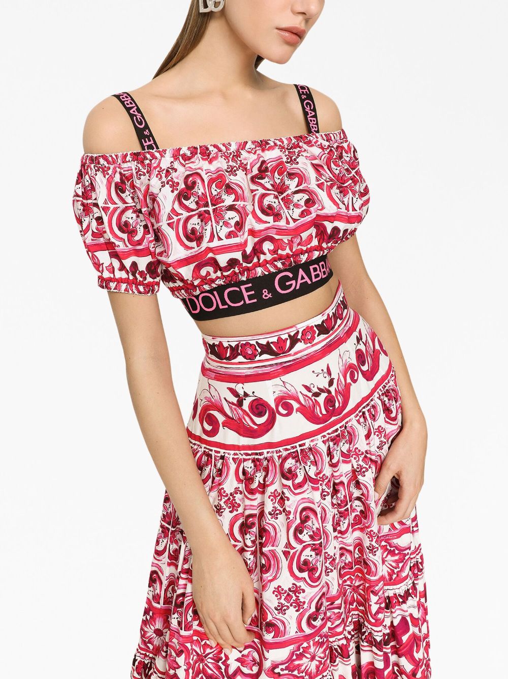 Dolce & Gabbana DOLCE & GABBANA- Maiolica Printed Cotton Cropped Top With Short Sleeves