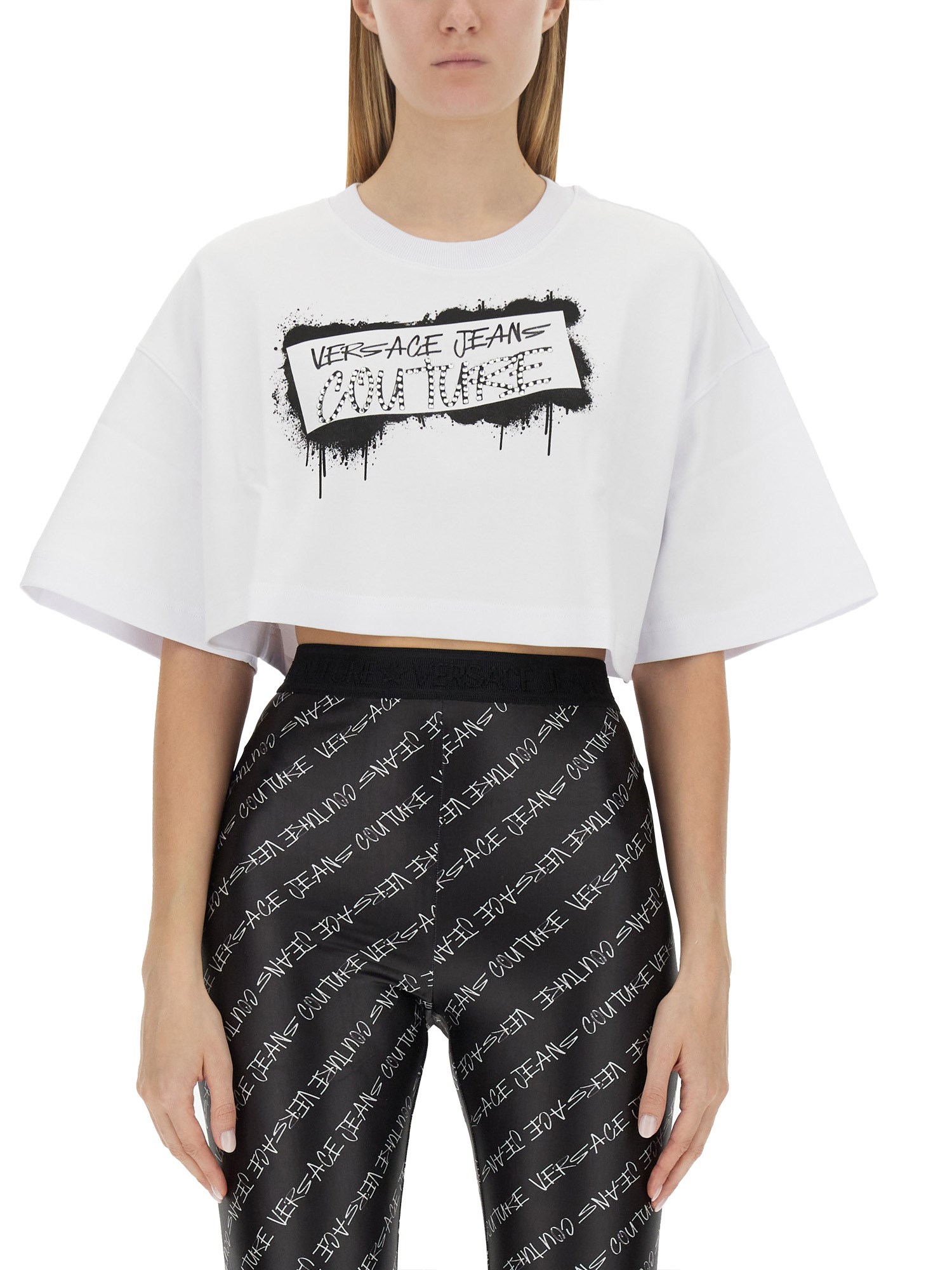 Versace Jeans Couture versace jeans couture cropped t-shirt with graffiti logo