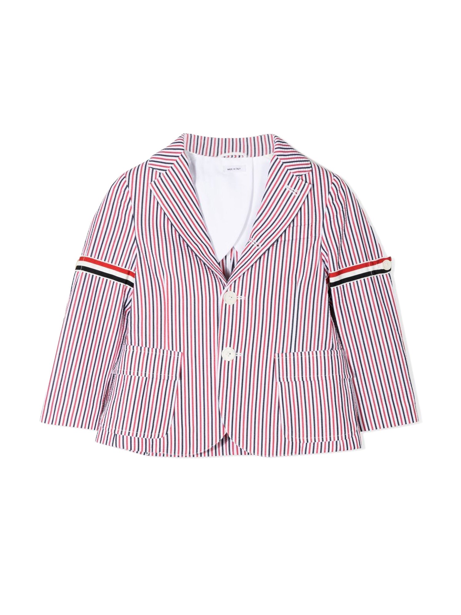 Thom Browne thom browne patch pocket sport coat w/ rwb armbands in seersucker stripe