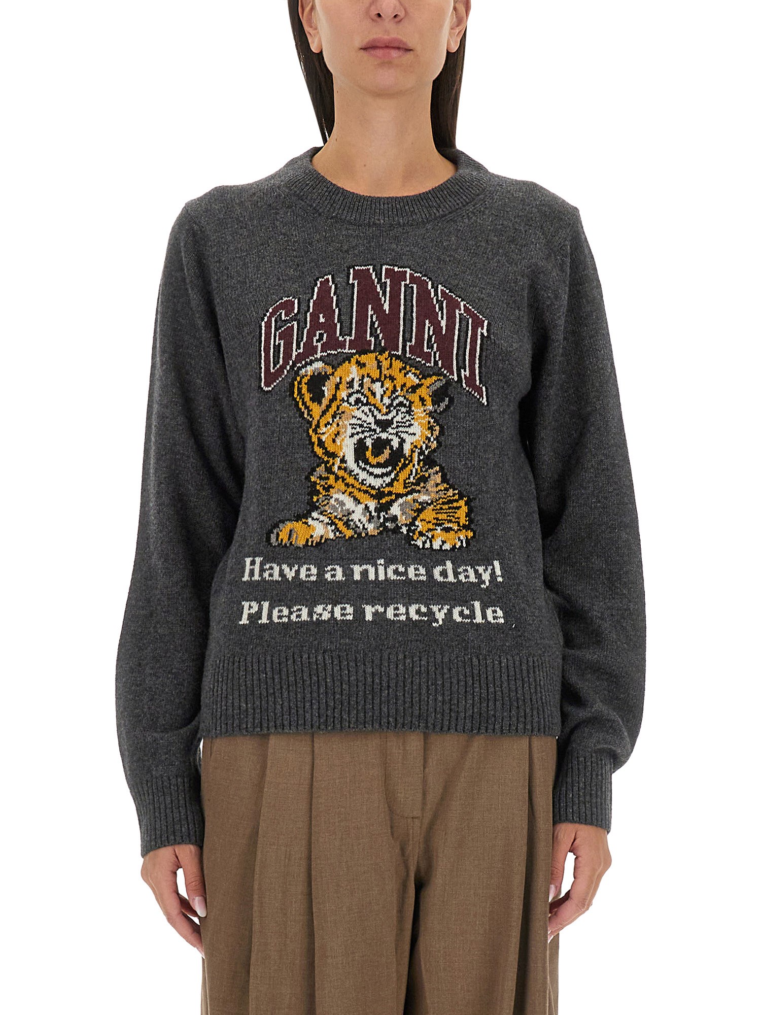 Ganni ganni jersey with logo embroidery and tiger