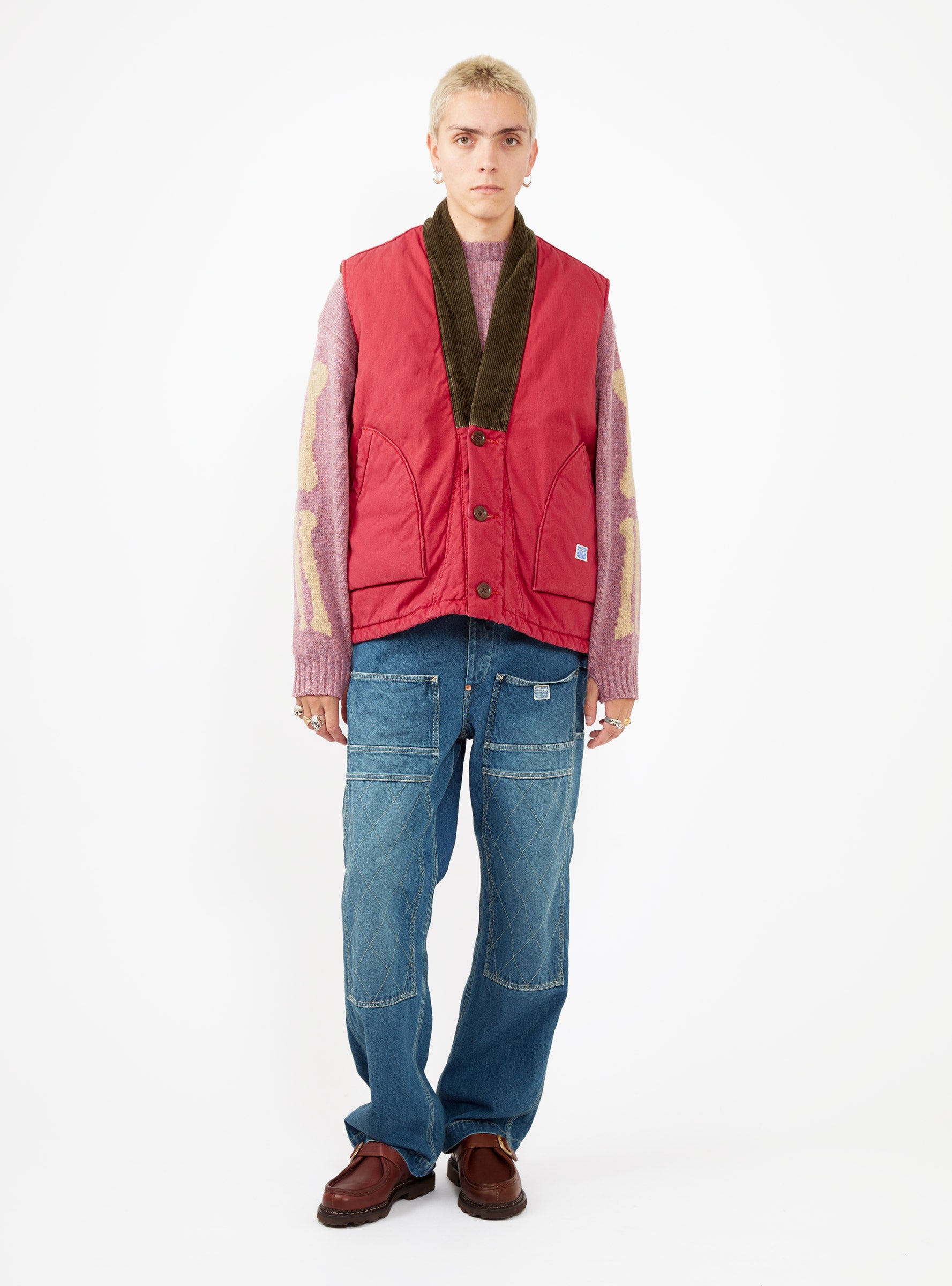  Kapital Dotera Canvas Vest Pink & Red - Size: Medium