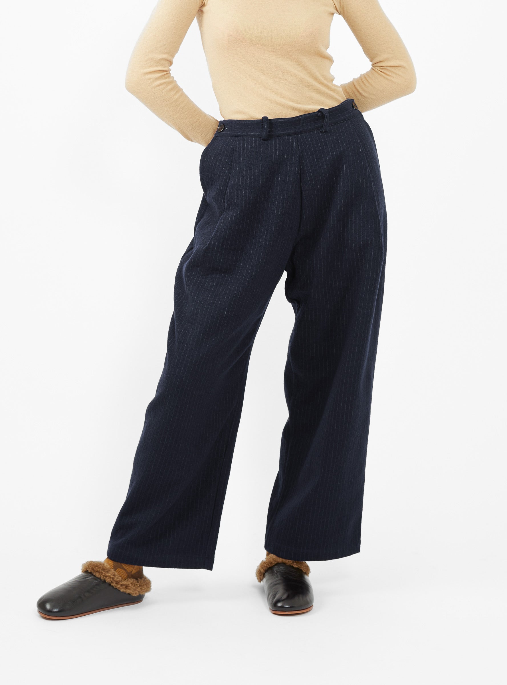  Cawley Georgia Wool Trousers Navy & Ecru Pinstripe