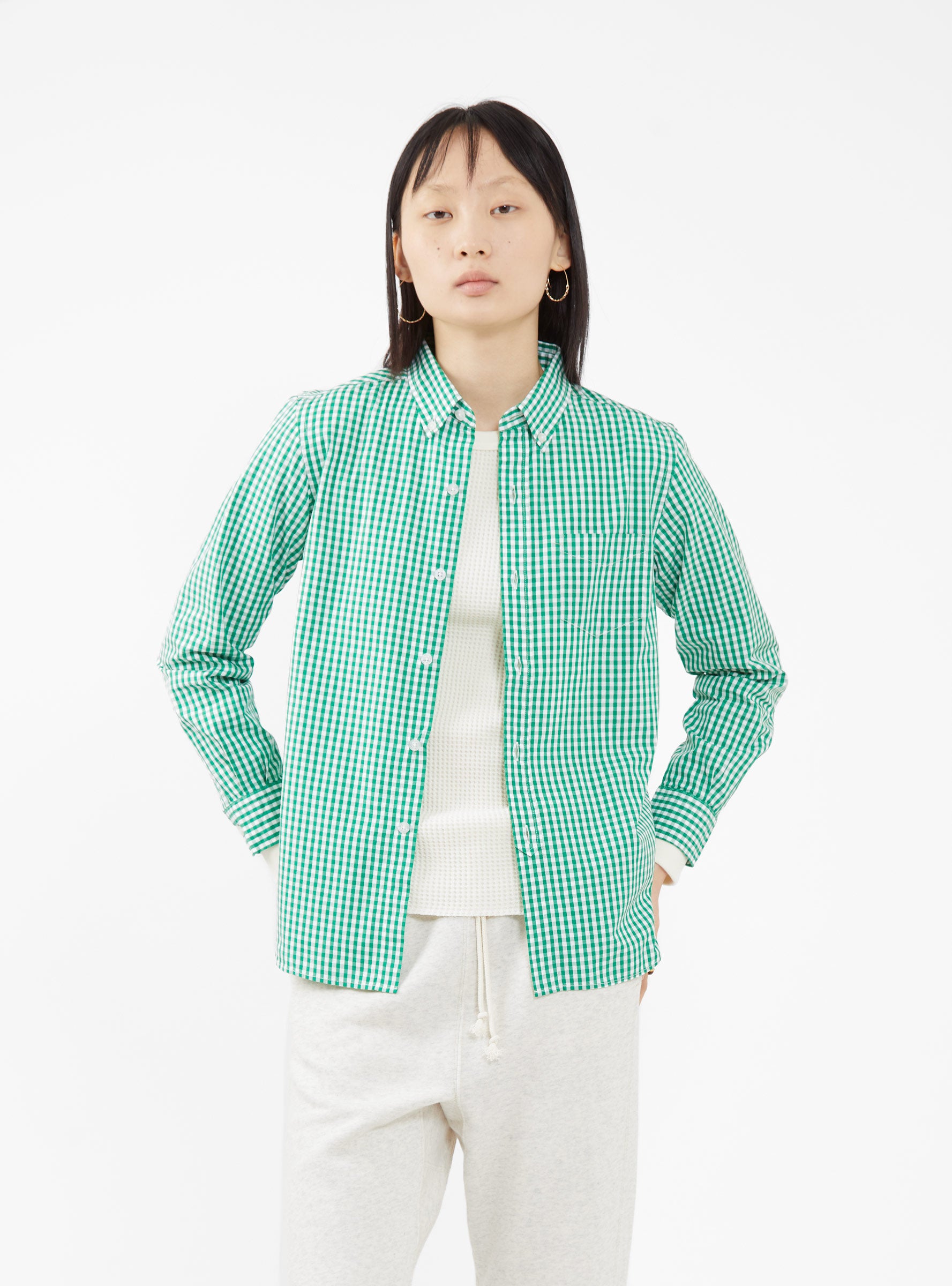  BEAMS BOY Button Down Shirt Green & White Gingham