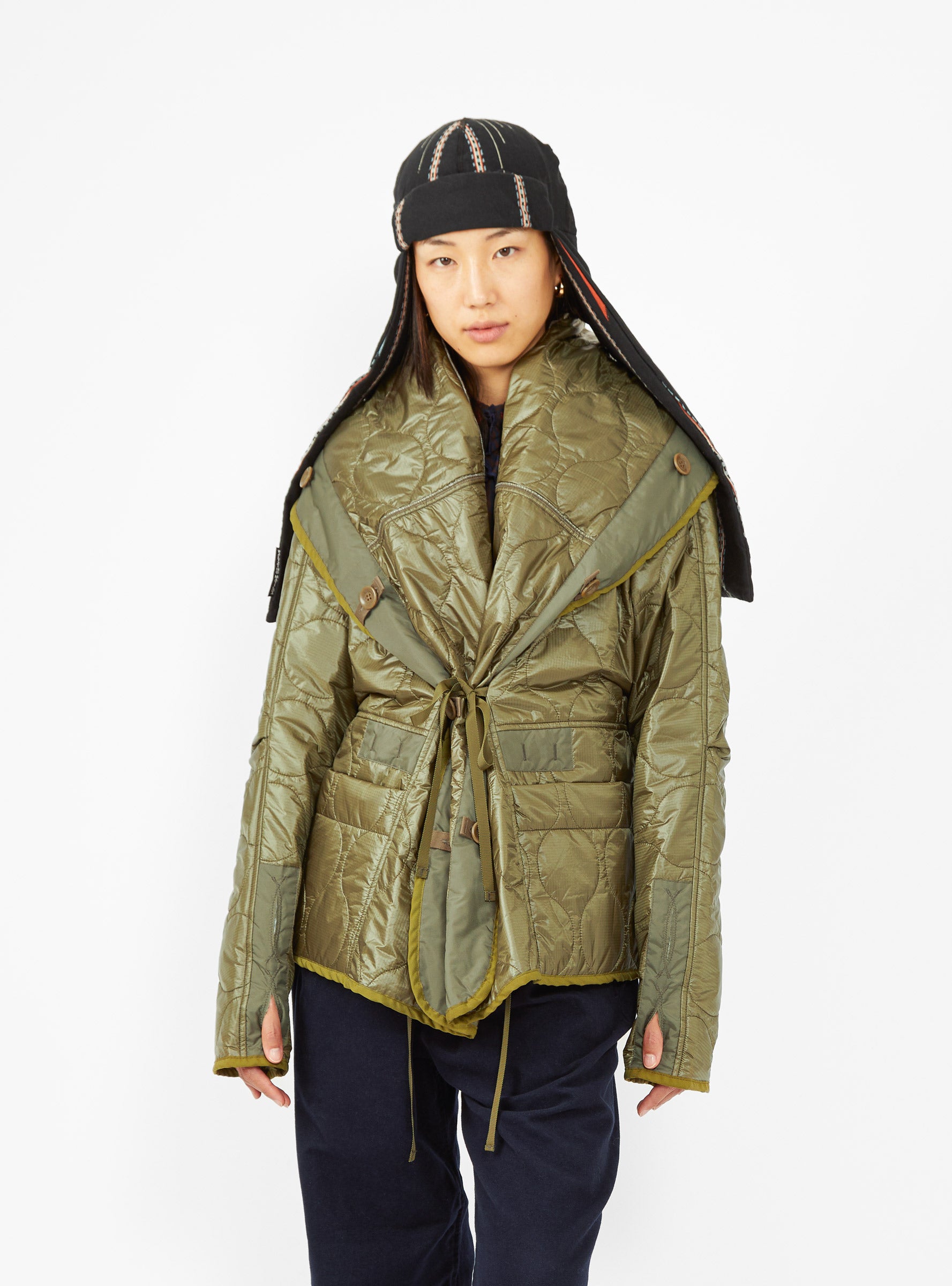  Kapital RING Quilted Coat Khaki Green - Size: XS