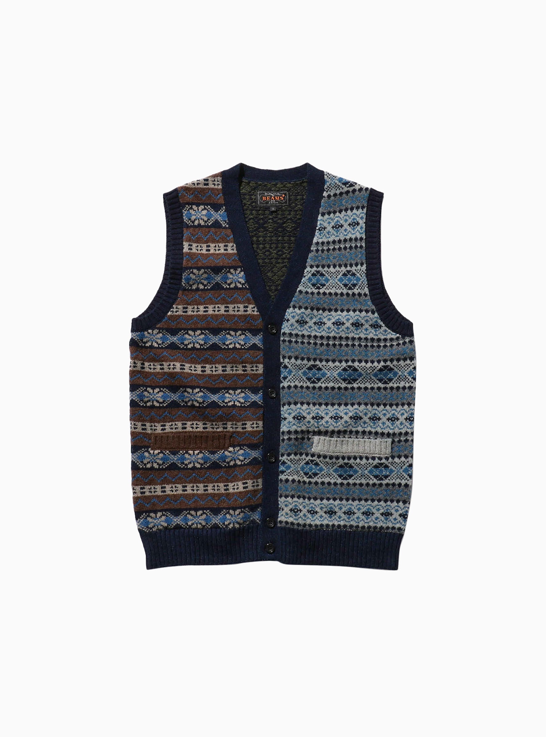  Beams Plus Button Knit Vest Fair Isle Indigo