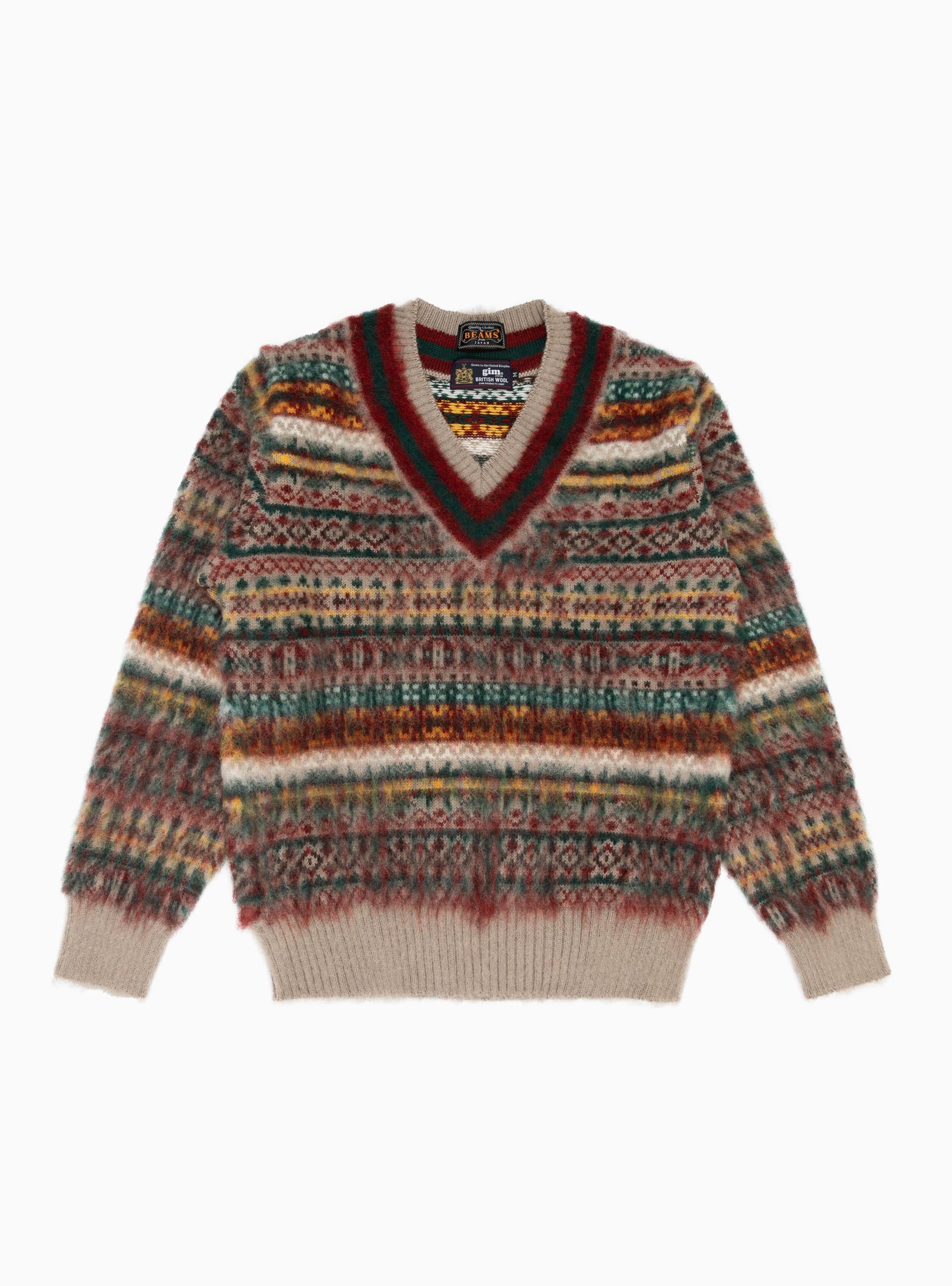  Beams Plus x gim Cricket Fair Isle Sweater Beige & Red