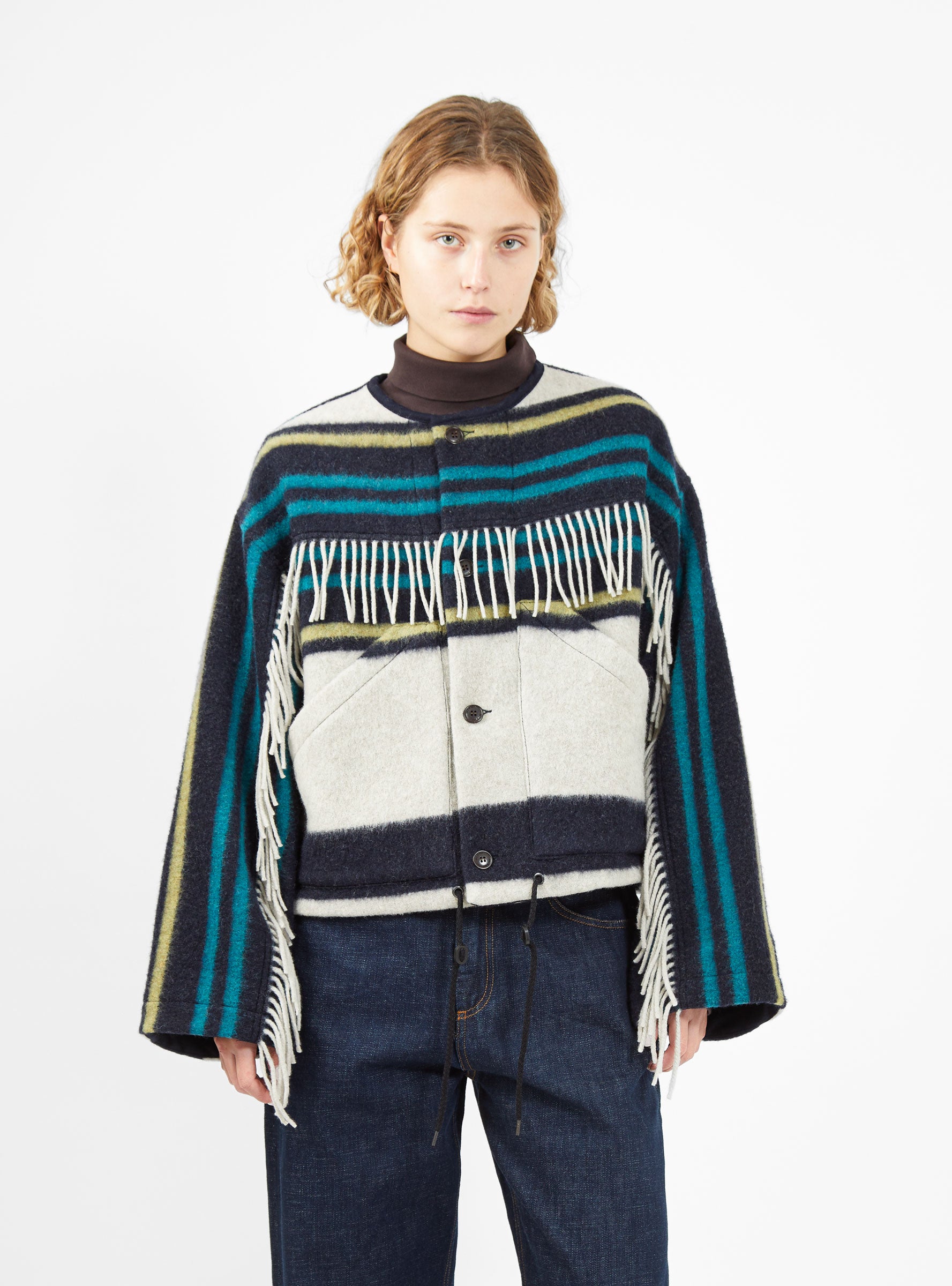  Girls of Dust Nuclear Wool Blanket Jacket Beige & Blue Stripe