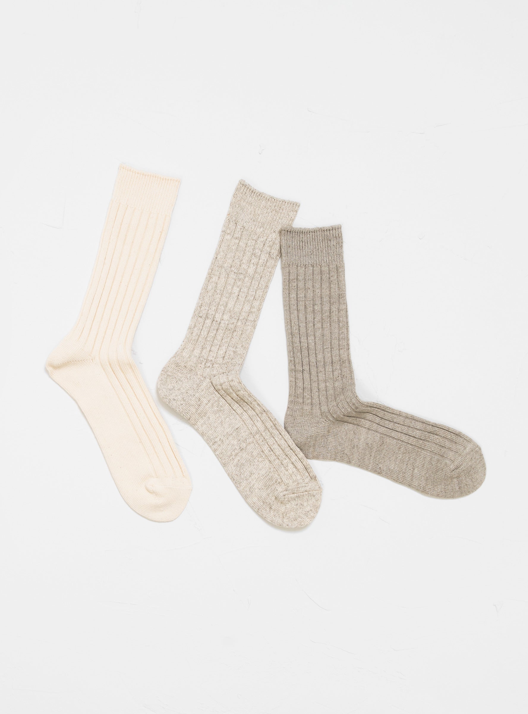  ROTOTO Organic Daily Rib Crew Socks 3 Pack Ecru & Grey