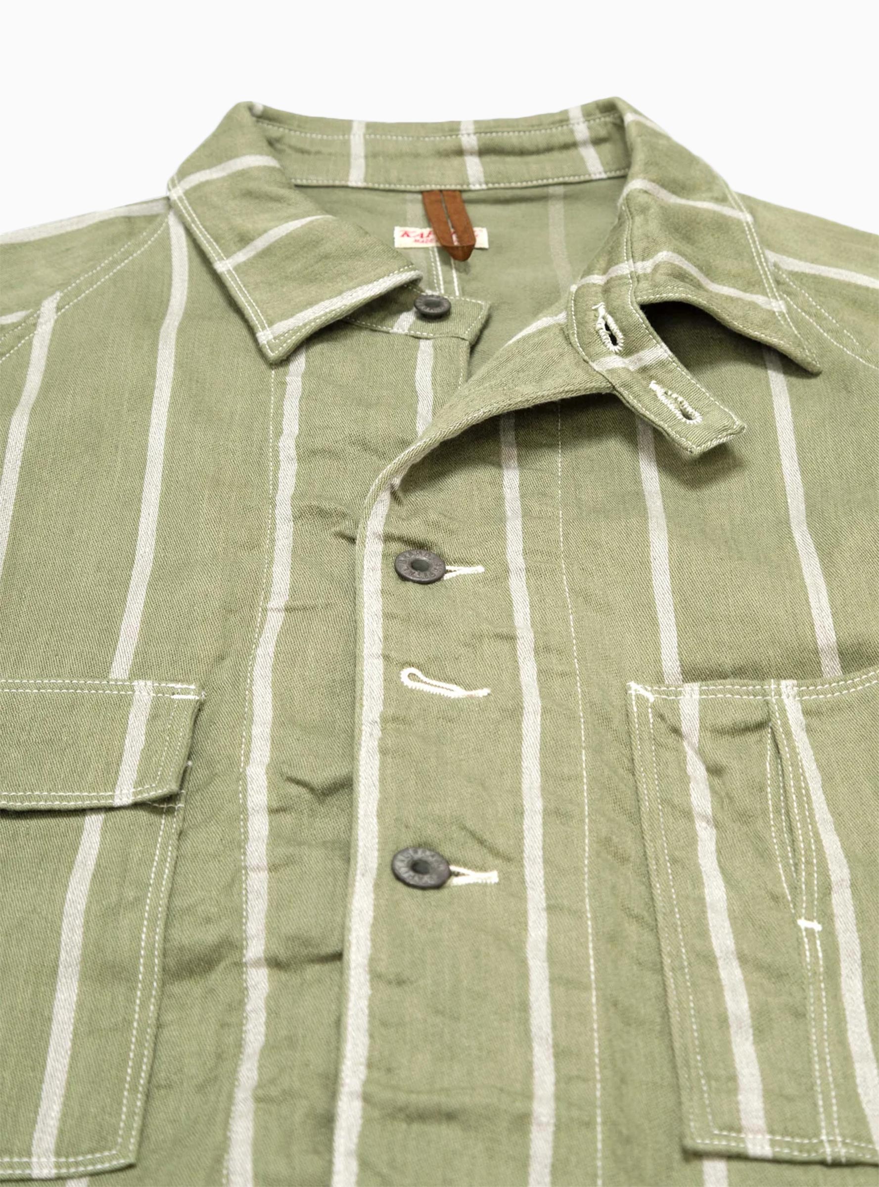  Kapital Linen Phillies Stripe Cactus Coverall Jacket Khaki - Size: Large