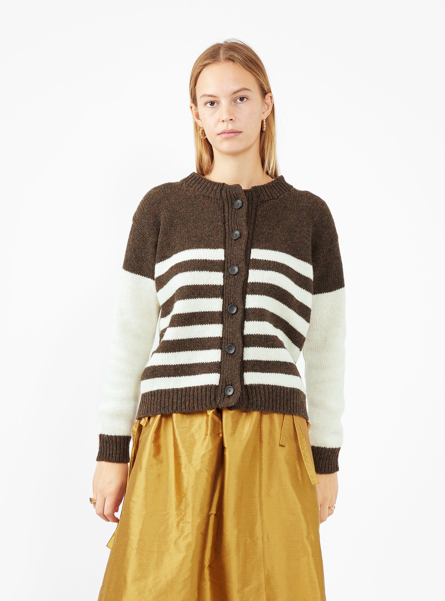  Cawley Rosa Wool Cardigan Brown & Ecru Stripe