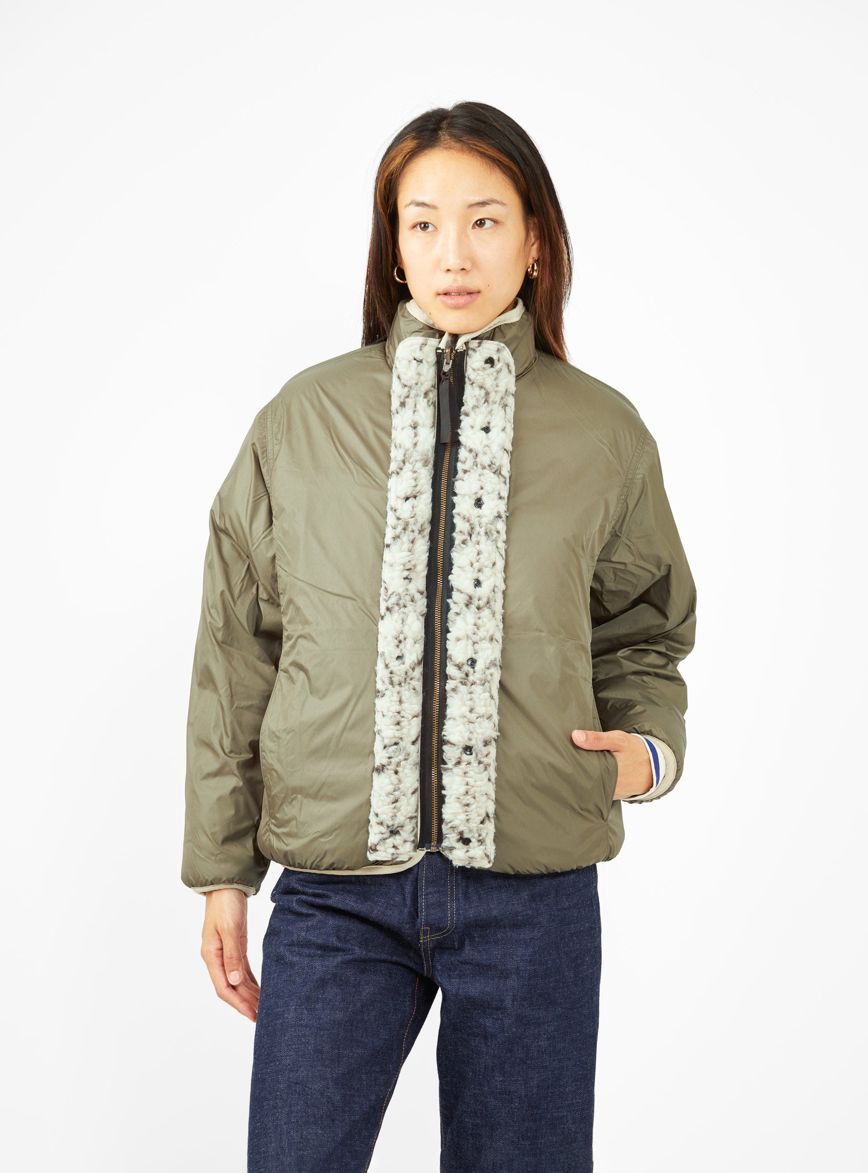  Kapital Do-Gi Sashiko Boa Fleece Reversible Jacket Ecru - Size: Small