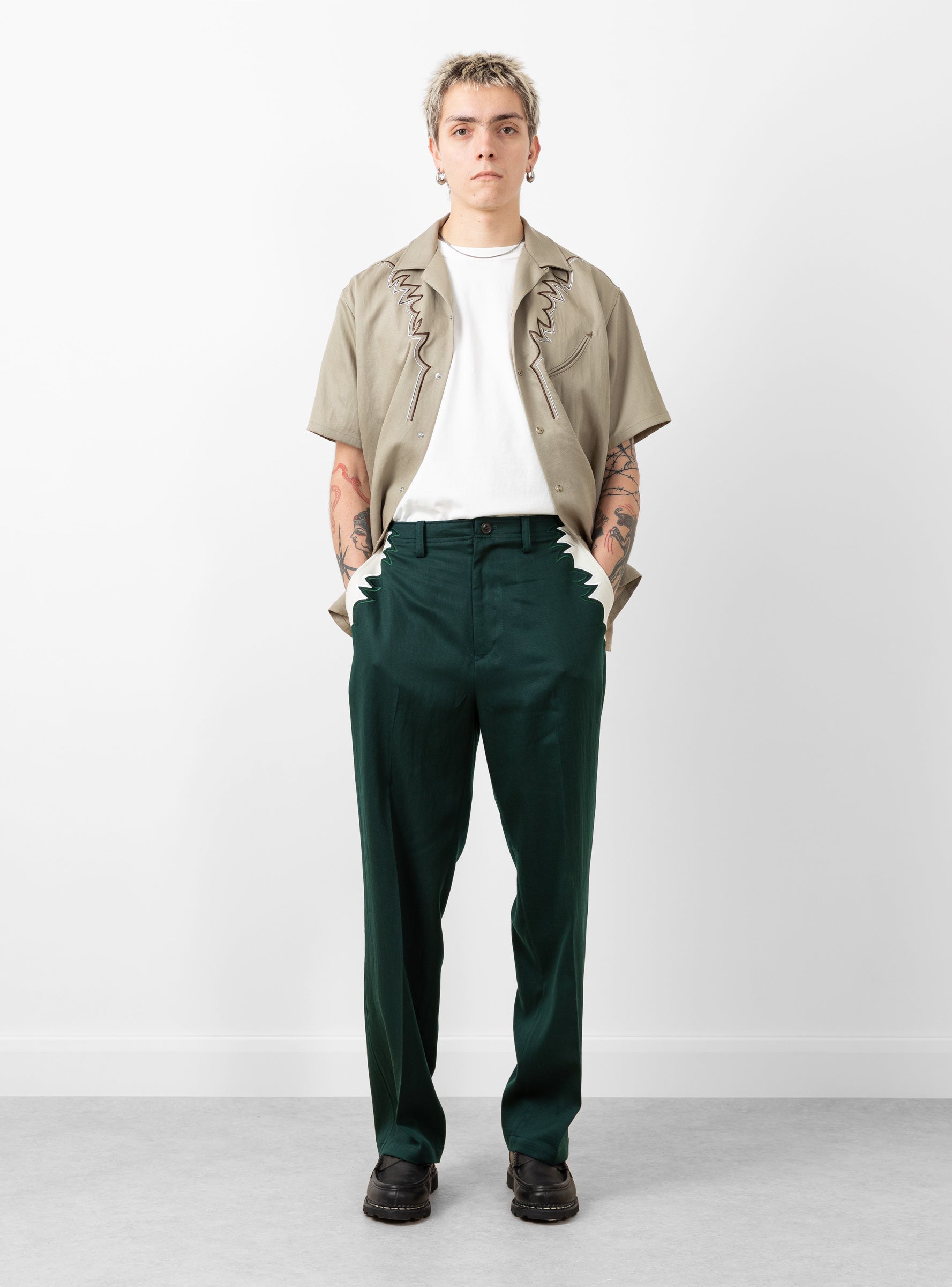  TOGA VIRILIS Embroidered Western Trousers Green - Size: Large