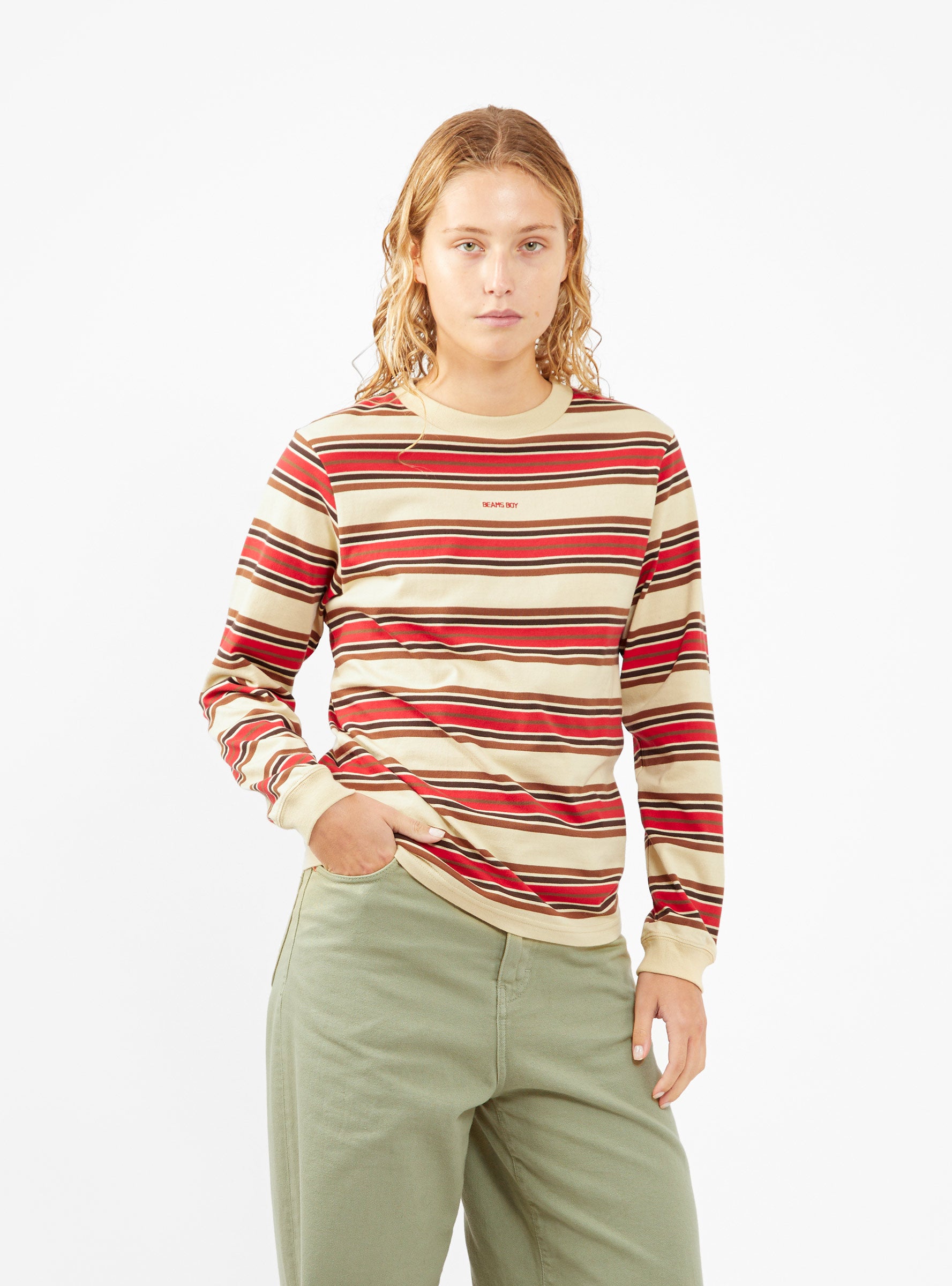  BEAMS BOY Embroidered T-shirt Beige & Red Stripe