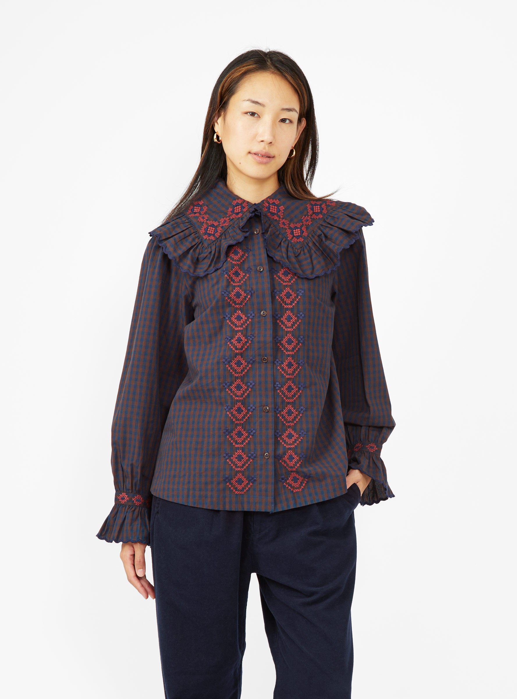  YMC Blossom Shirt Navy & Brown Check