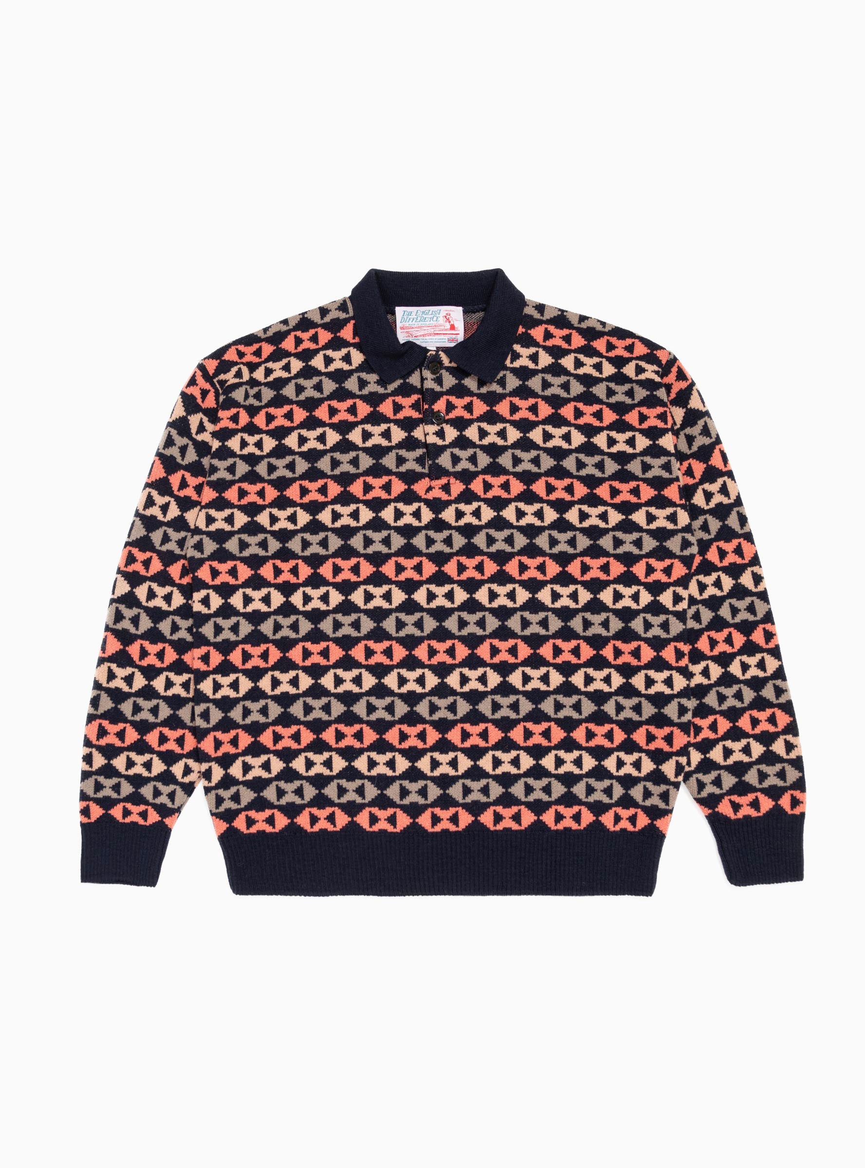  The English Difference Jacquard Polo Sweater Navy