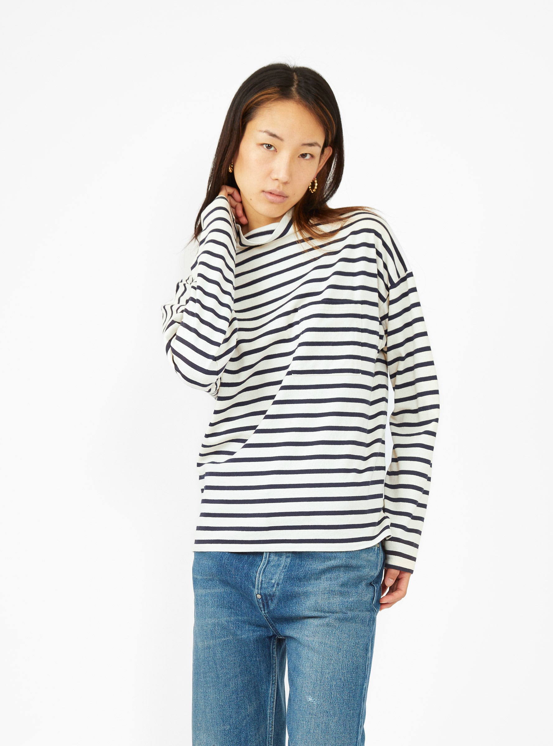  Kapital Gandhi High-Neck T-shirt Ecru & Navy Stripe