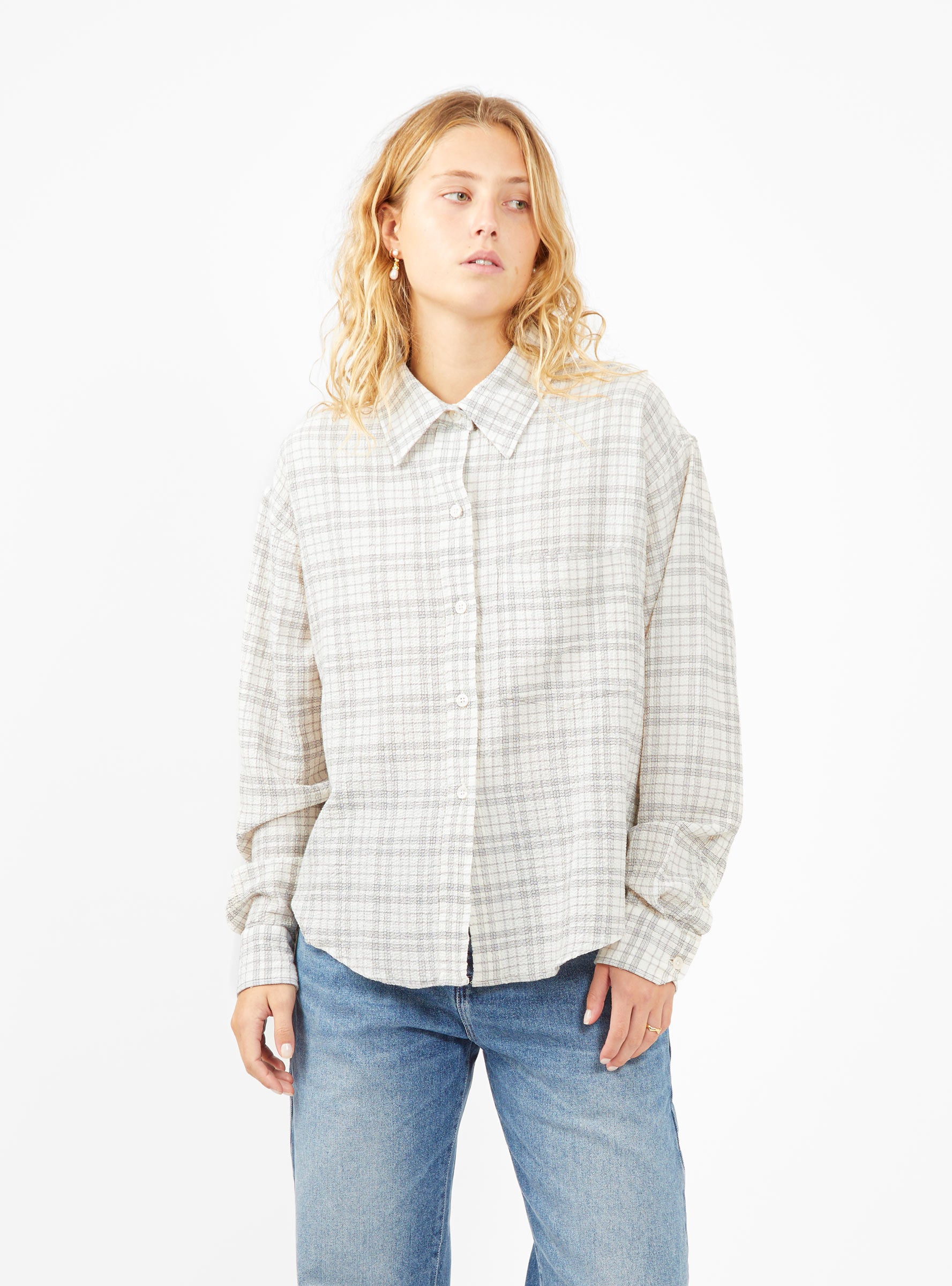  mfpen Format Seersucker Shirt White & Grey Check