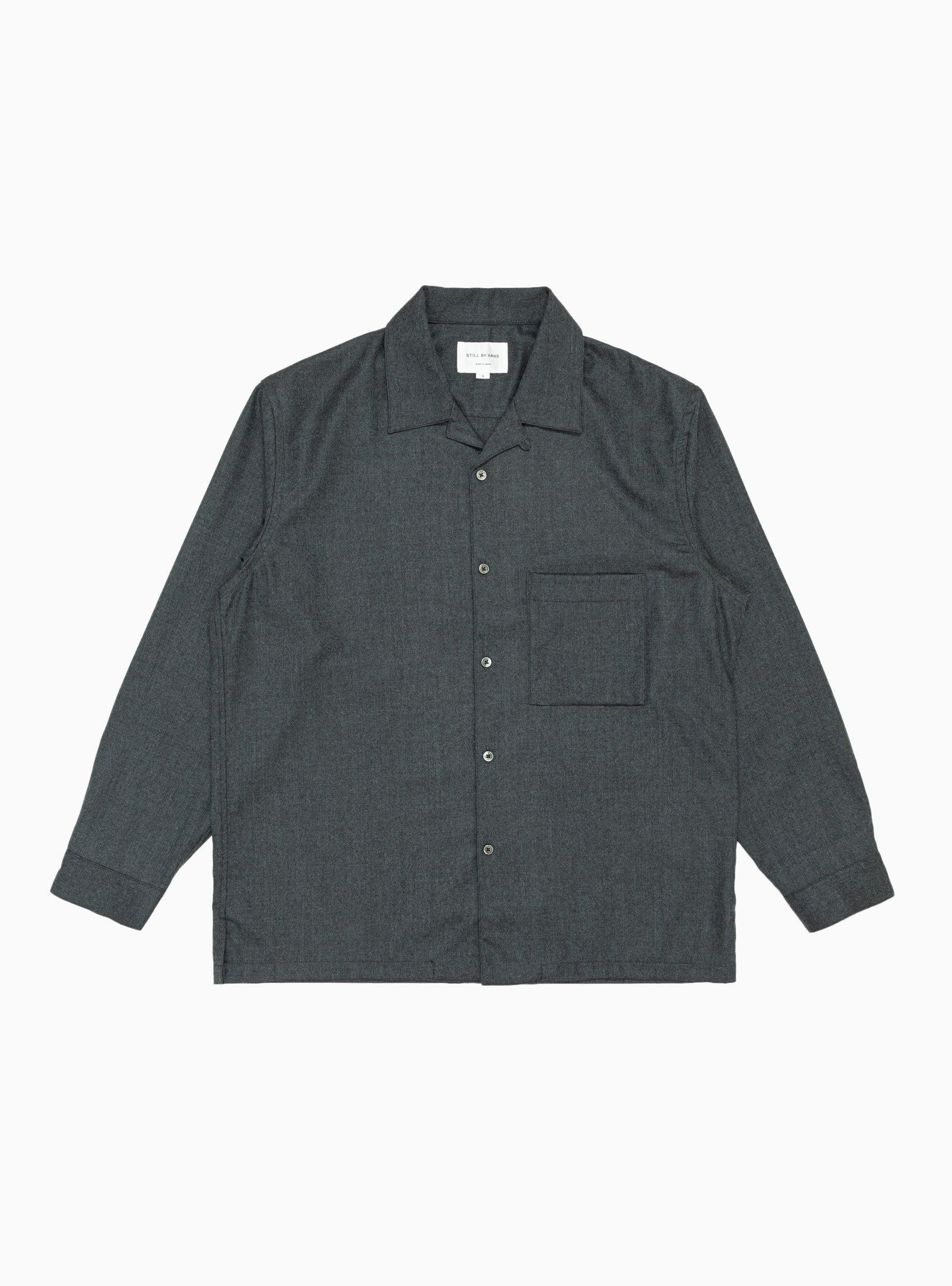  Still By Hand Open Collar Wool Shirt Blue Charcoal