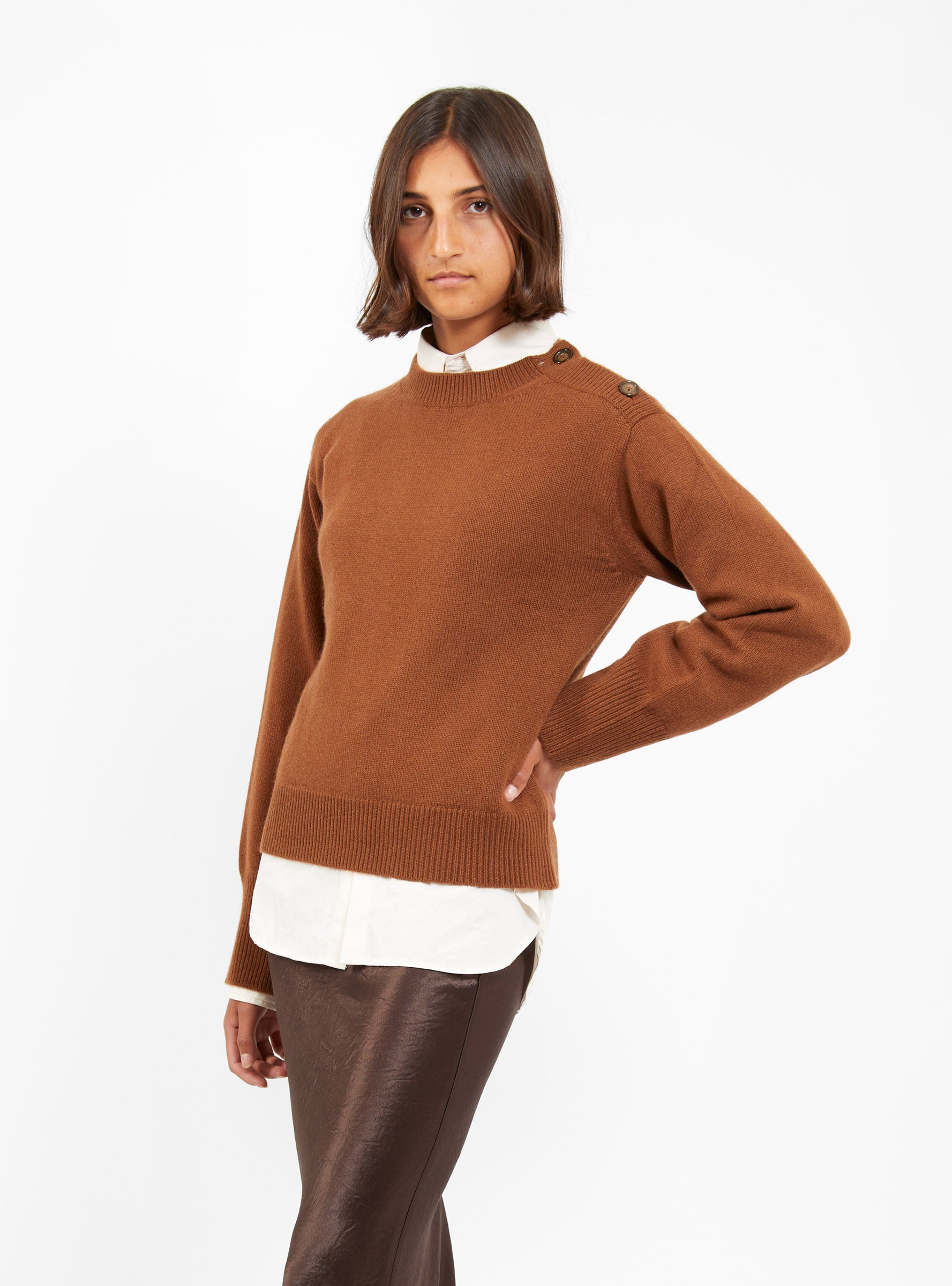  Himalayan Cashmere Wide Cuff Button Collar Sweater Syrup Brown