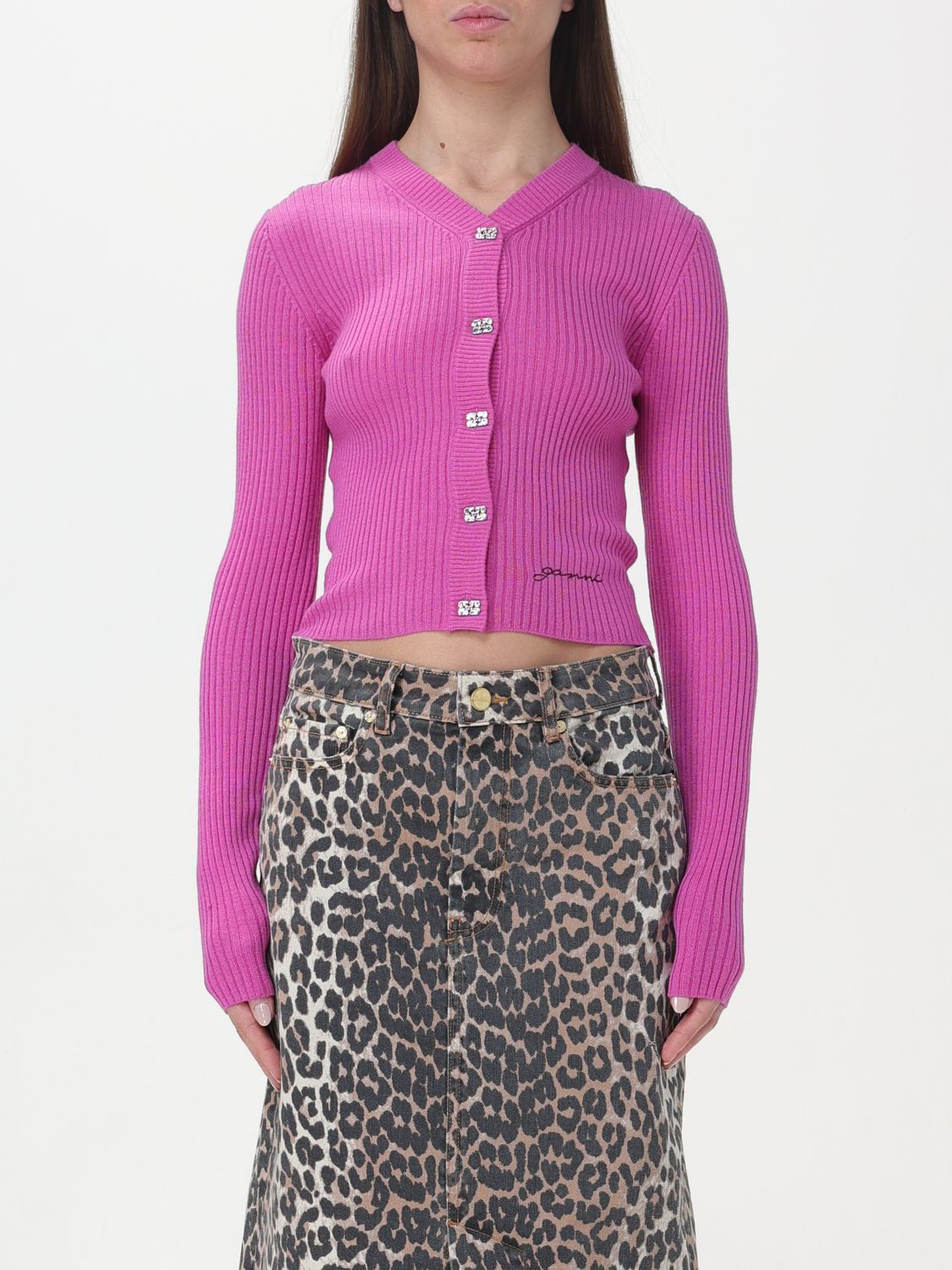 Ganni Cardigan GANNI Woman colour Fuchsia