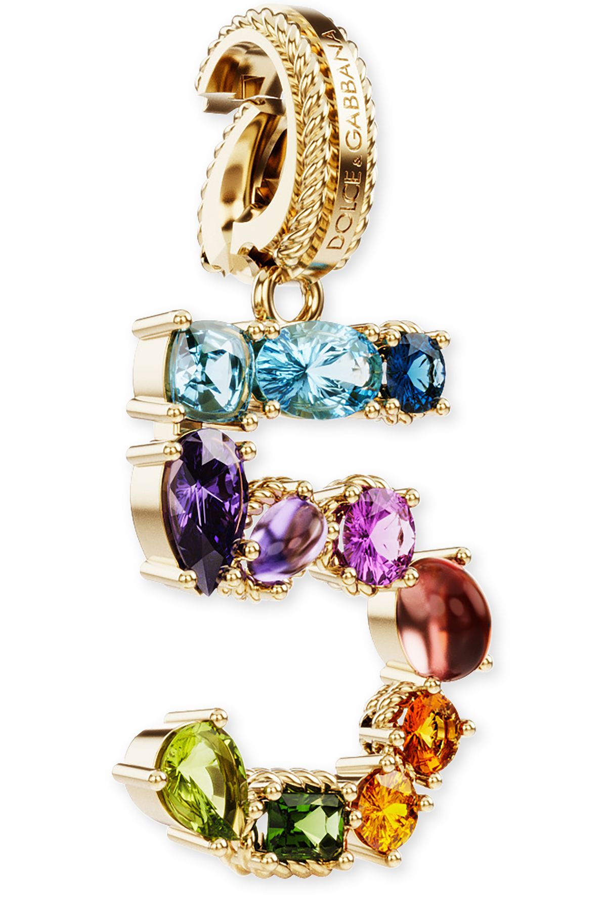 Dolce & Gabbana 18 kt yellow gold rainbow pendant with multicolor finegemstones representing number 5