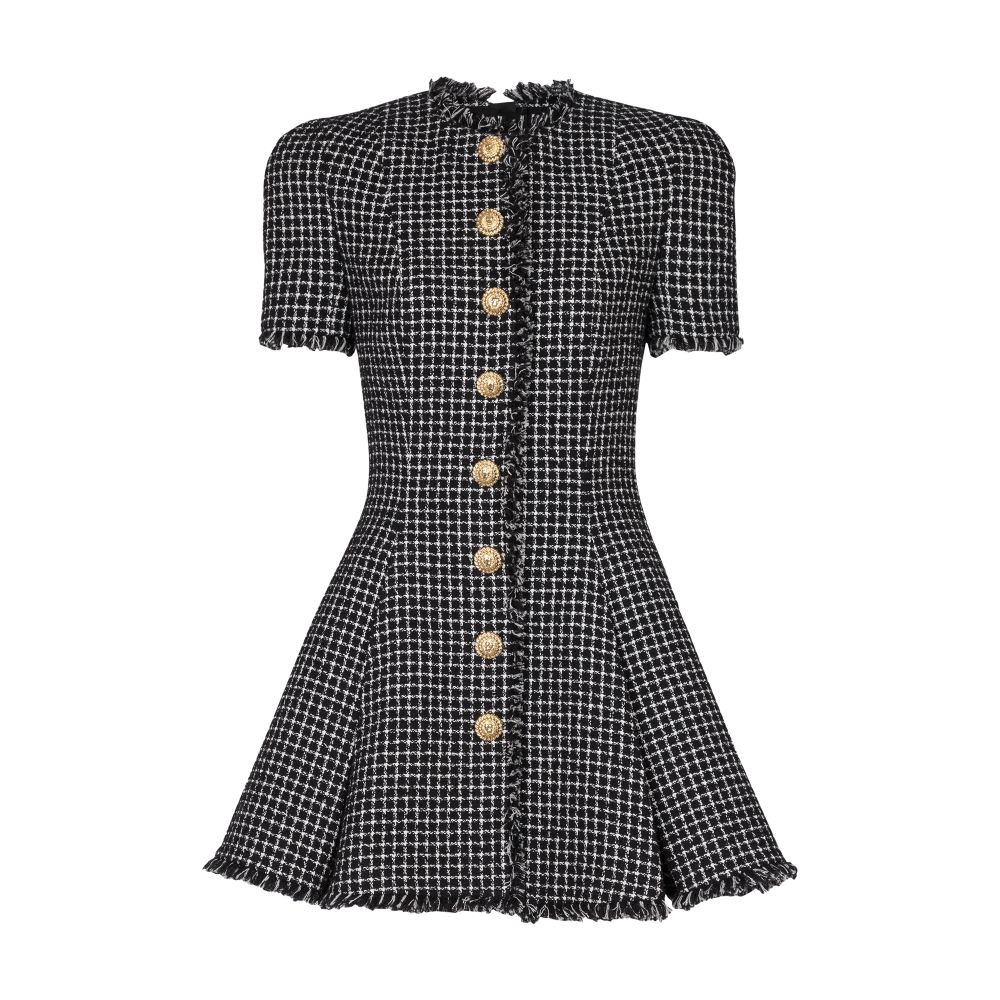 Balmain Flared pleated gingham tweed dress