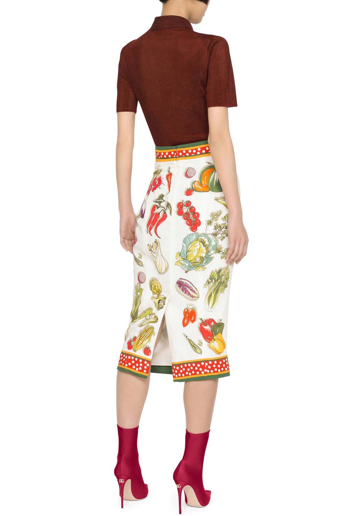 Dolce & Gabbana Vegetable-print charmeuse calf-length skirt