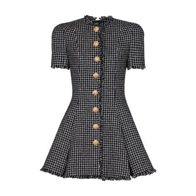 Balmain Flared pleated gingham tweed dress