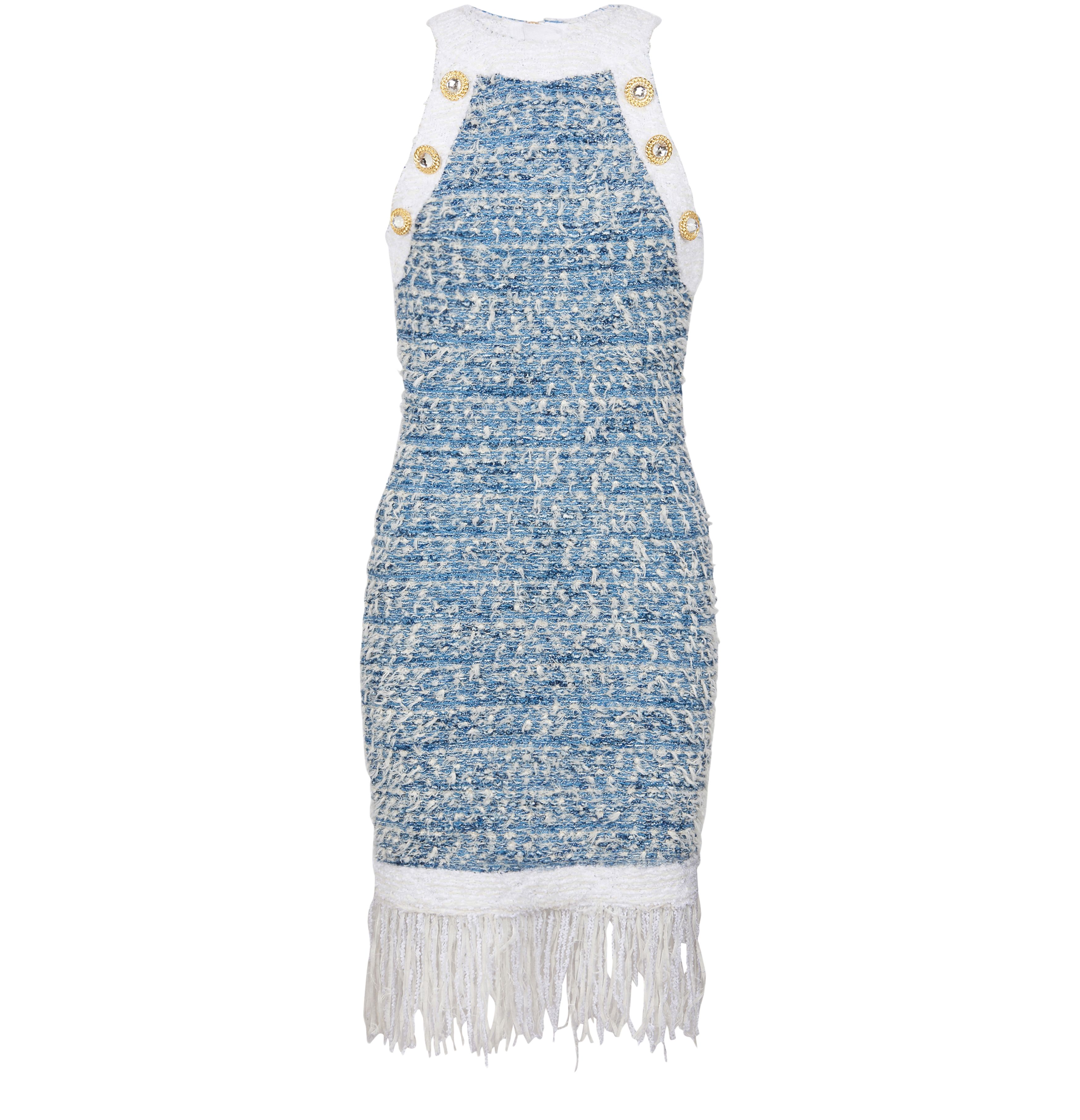 Balmain Fringed Denim Tweed Dress