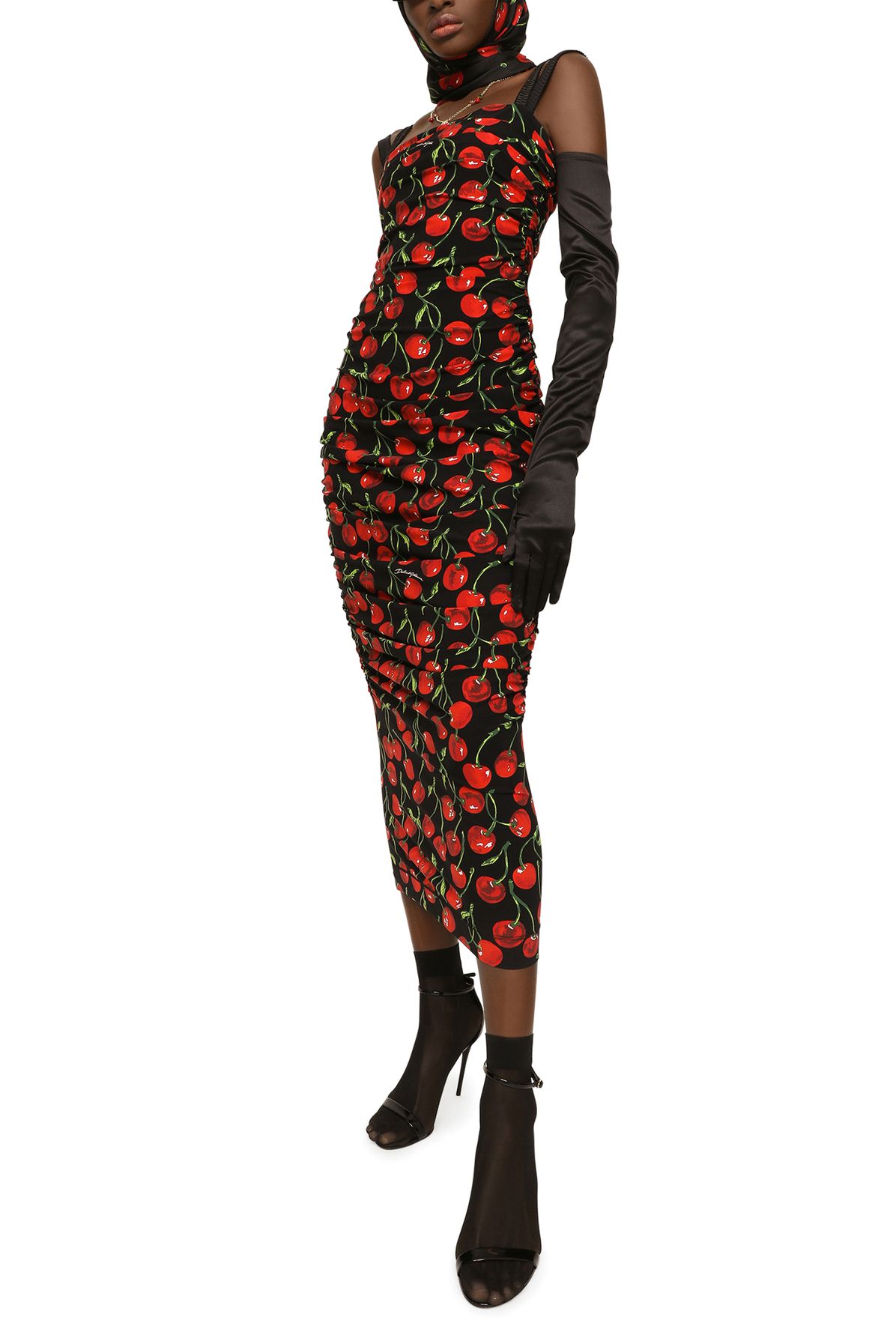 Dolce & Gabbana Draped Cherry Printed Jersey Midi Dress