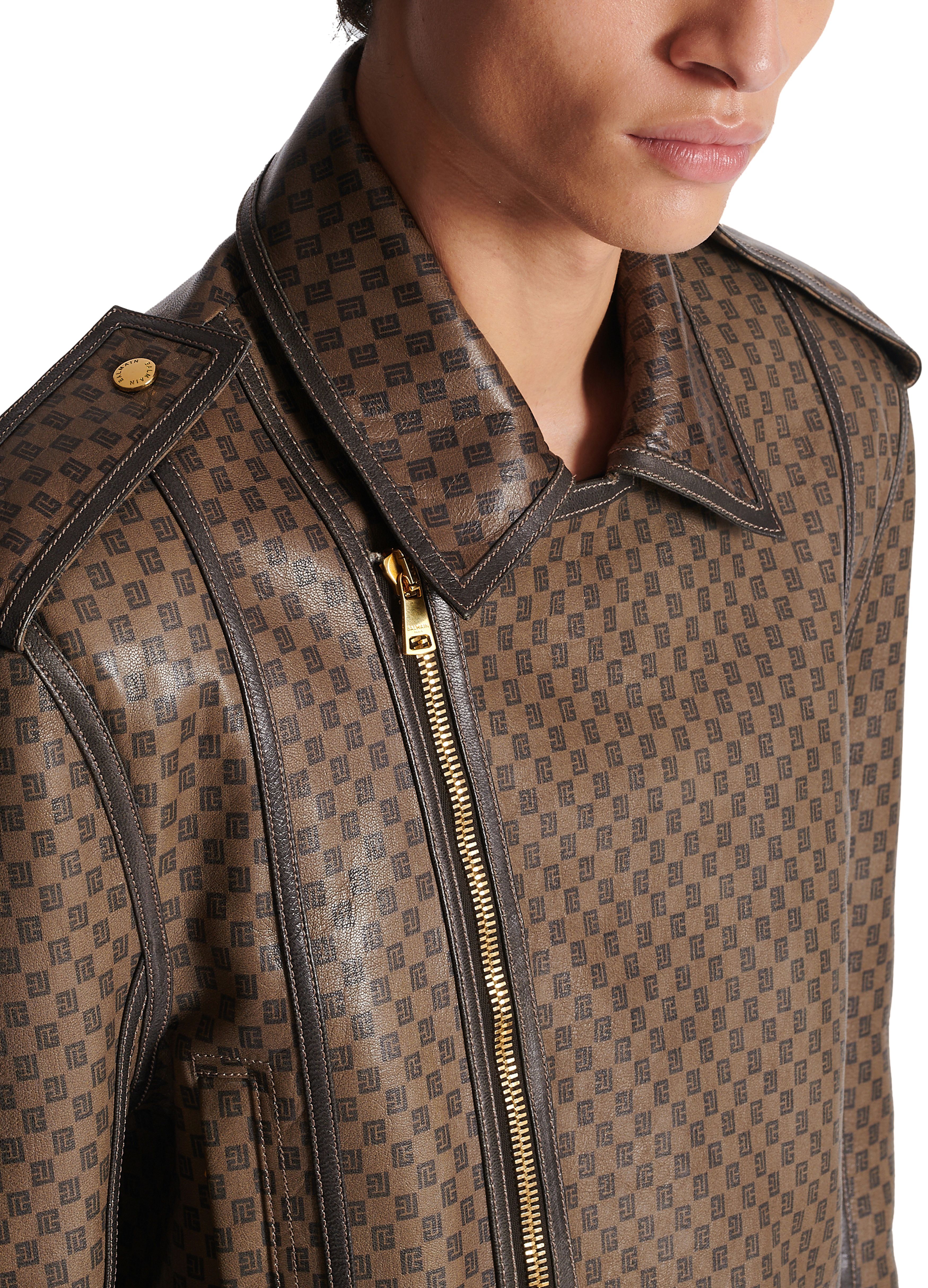 Balmain Leather Biker Jacket With Mini Monogram Print