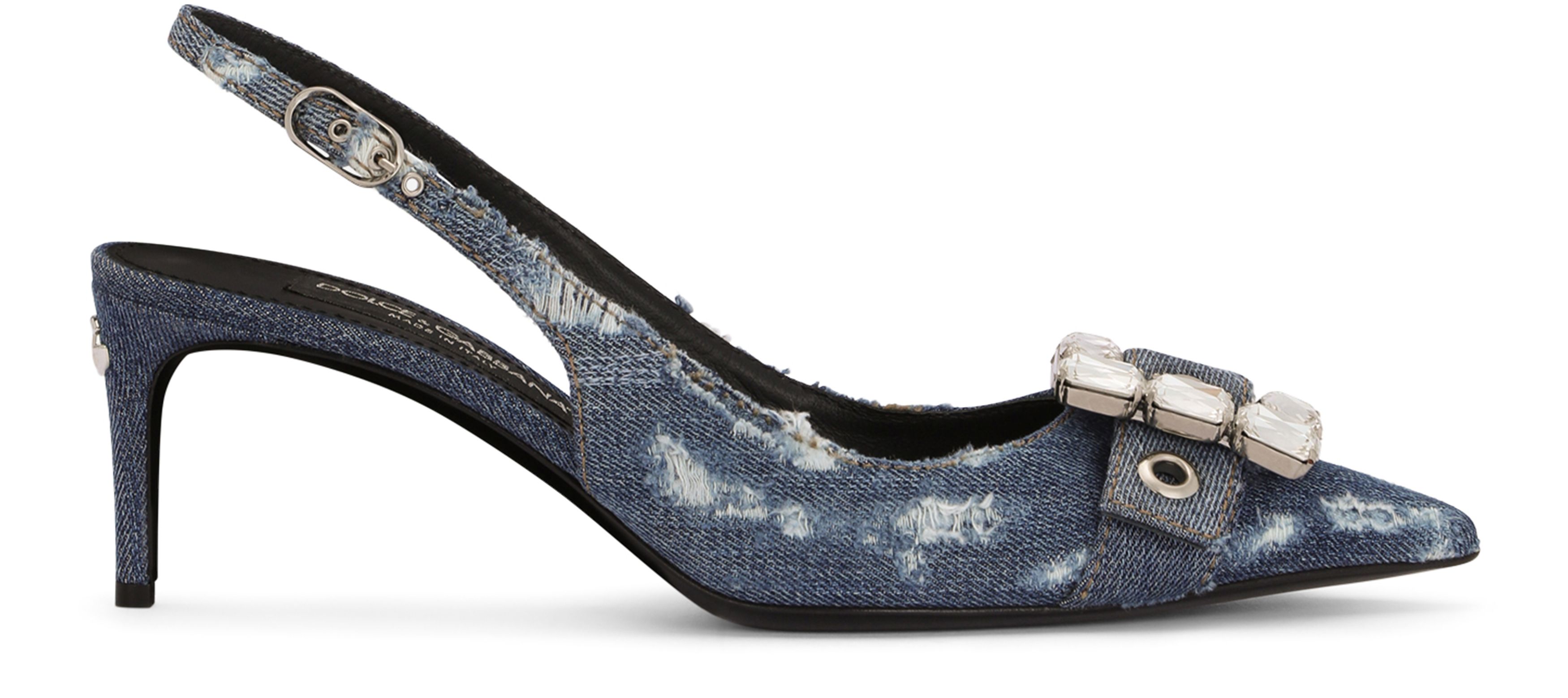 Dolce & Gabbana Patchwork denim slingbacks with rhinestone buckle