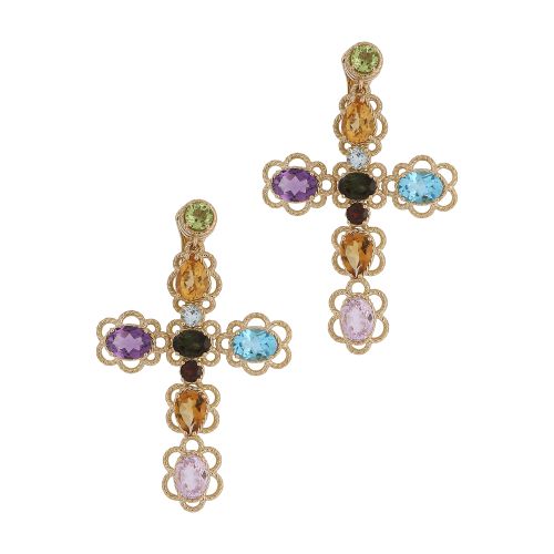 Dolce & Gabbana 18 kt yellow gold clip-on earrings with pin and with multicolor fine gemstones