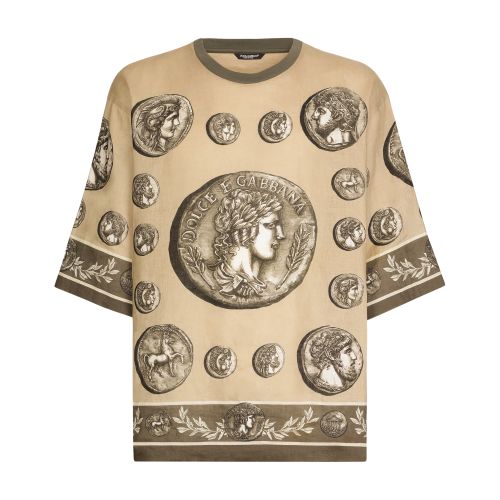 Dolce & Gabbana Linen and Cotton T-Shirt with Coin Print